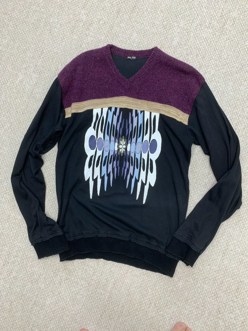 Miu Miu MIU MIU V-neck purple mixed material fashion sweater Size US L / EU 52-54 / 3 - 7 Thumbnail