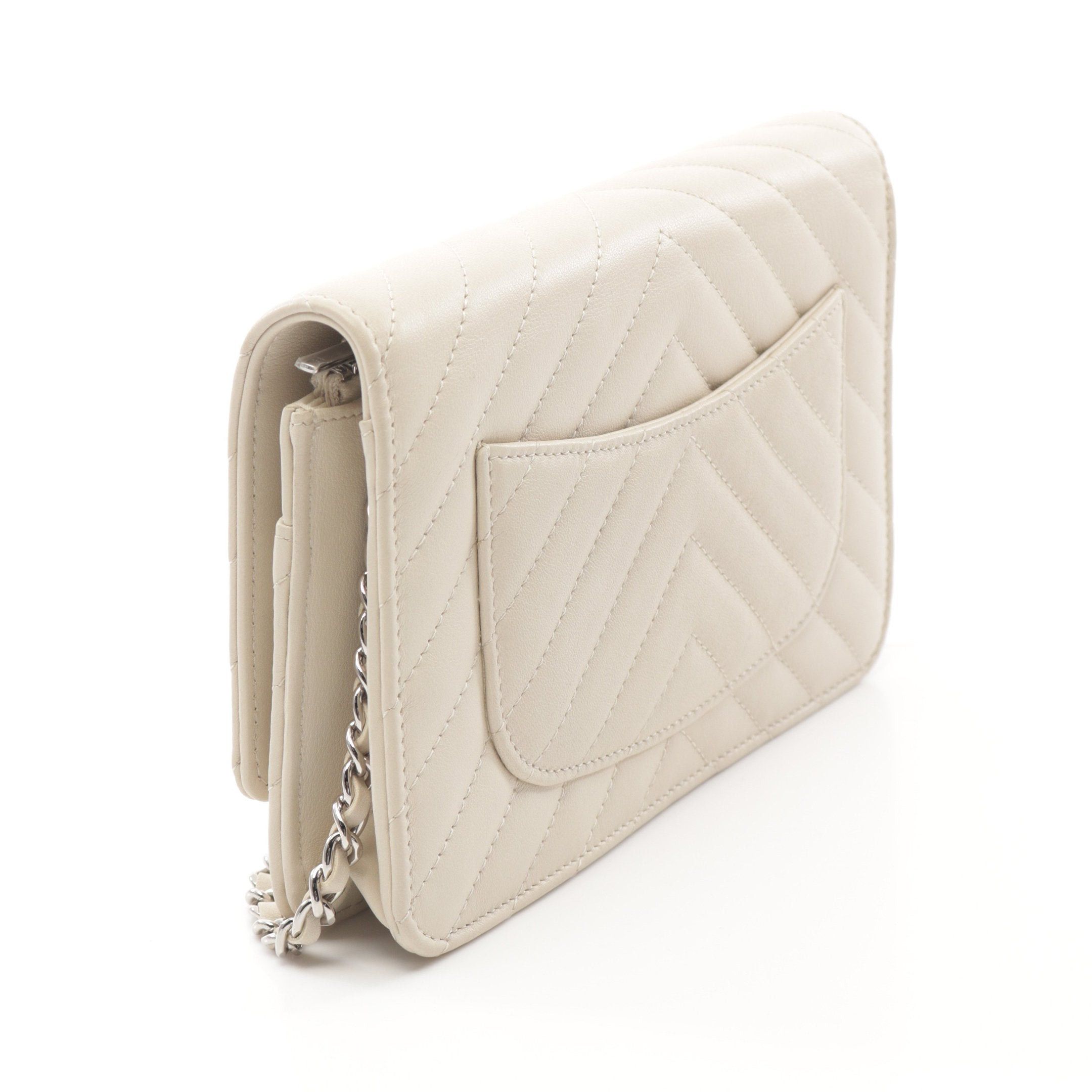 Chanel Chanel V-Stitch Chevron Chain Wallet Leather Light Beige Silver Hardware Size ONE SIZE - 2 Thumbnail