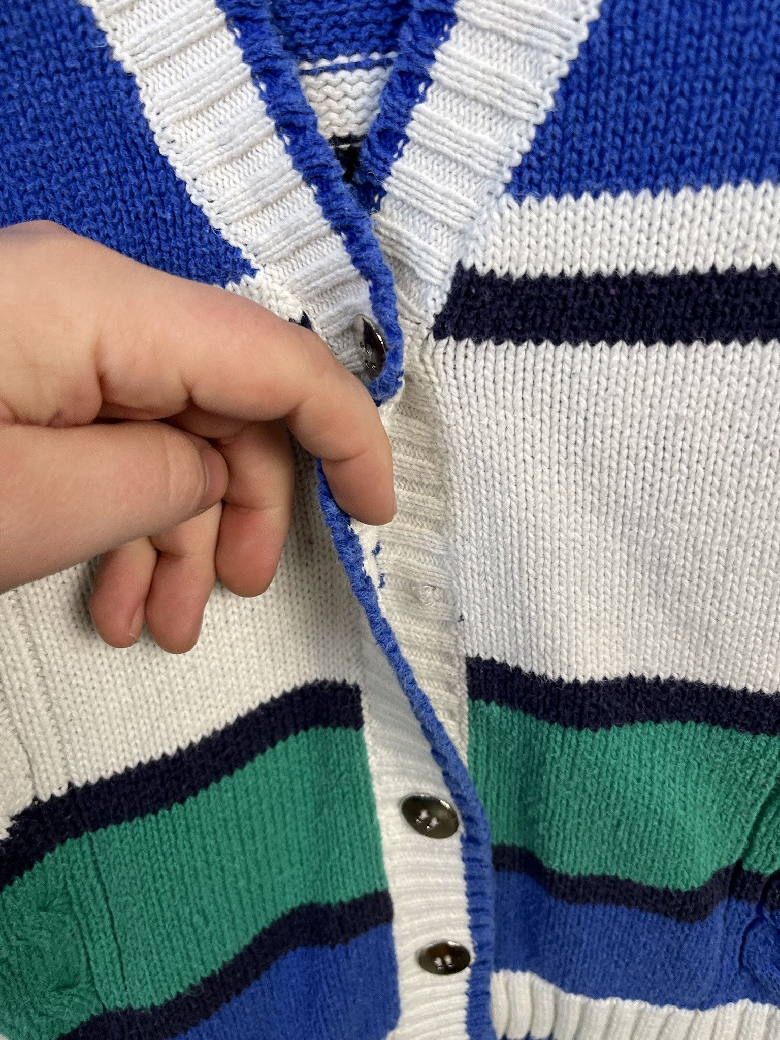 Vintage Vintage Knit Sweater 1990s Thick Knit Blue Green Striped Knit Cableknit Cardigan Size M Size US M / EU 48-50 / 2 - 3 Thumbnail