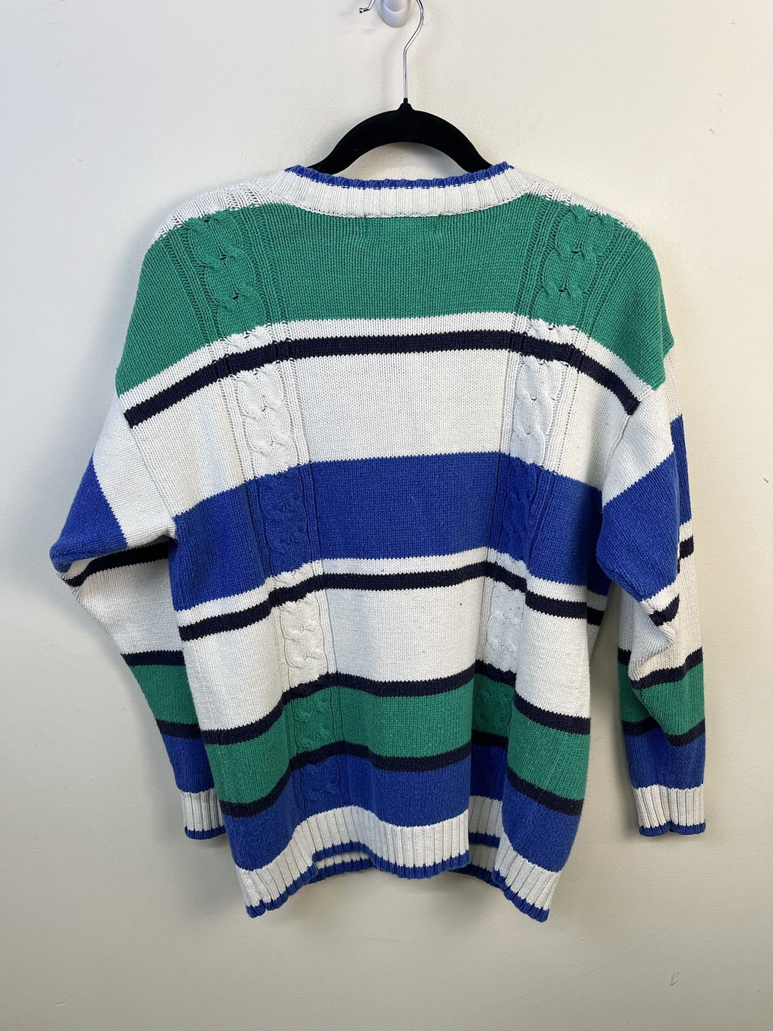 Vintage Vintage Knit Sweater 1990s Thick Knit Blue Green Striped Knit Cableknit Cardigan Size M Size US M / EU 48-50 / 2 - 4 Thumbnail