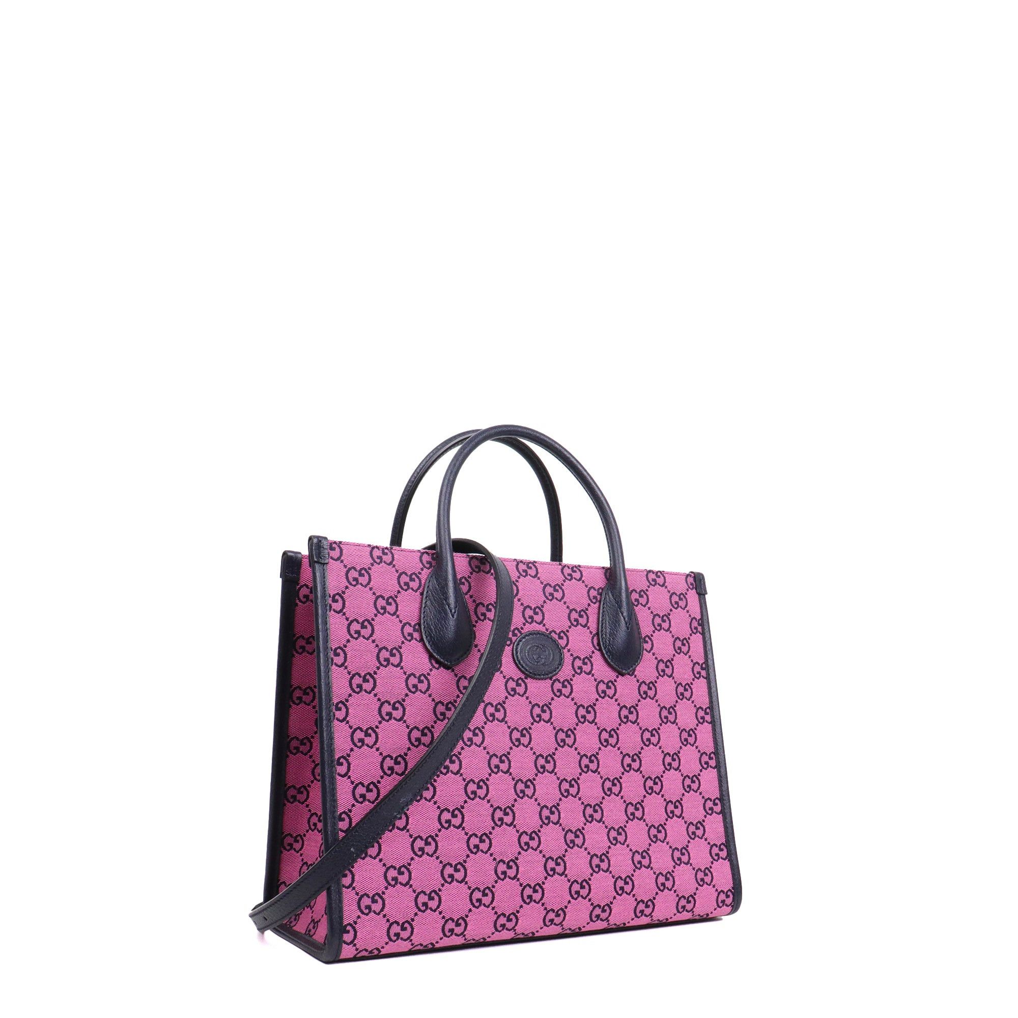 Gucci GUCCI - Gucci shopping bag in pink monogram canvas and navy blue leather Size ONE SIZE - 2 Thumbnail