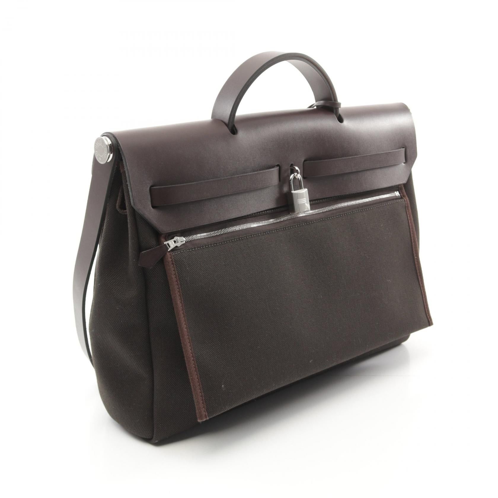 Hermes Hermes Airbag Zip Messenger 39 Veau Degré Handbag Vache Hunter Toile Military Dark Brown Silver Hardware Double Engraved Size ONE SIZE - 2 Thumbnail