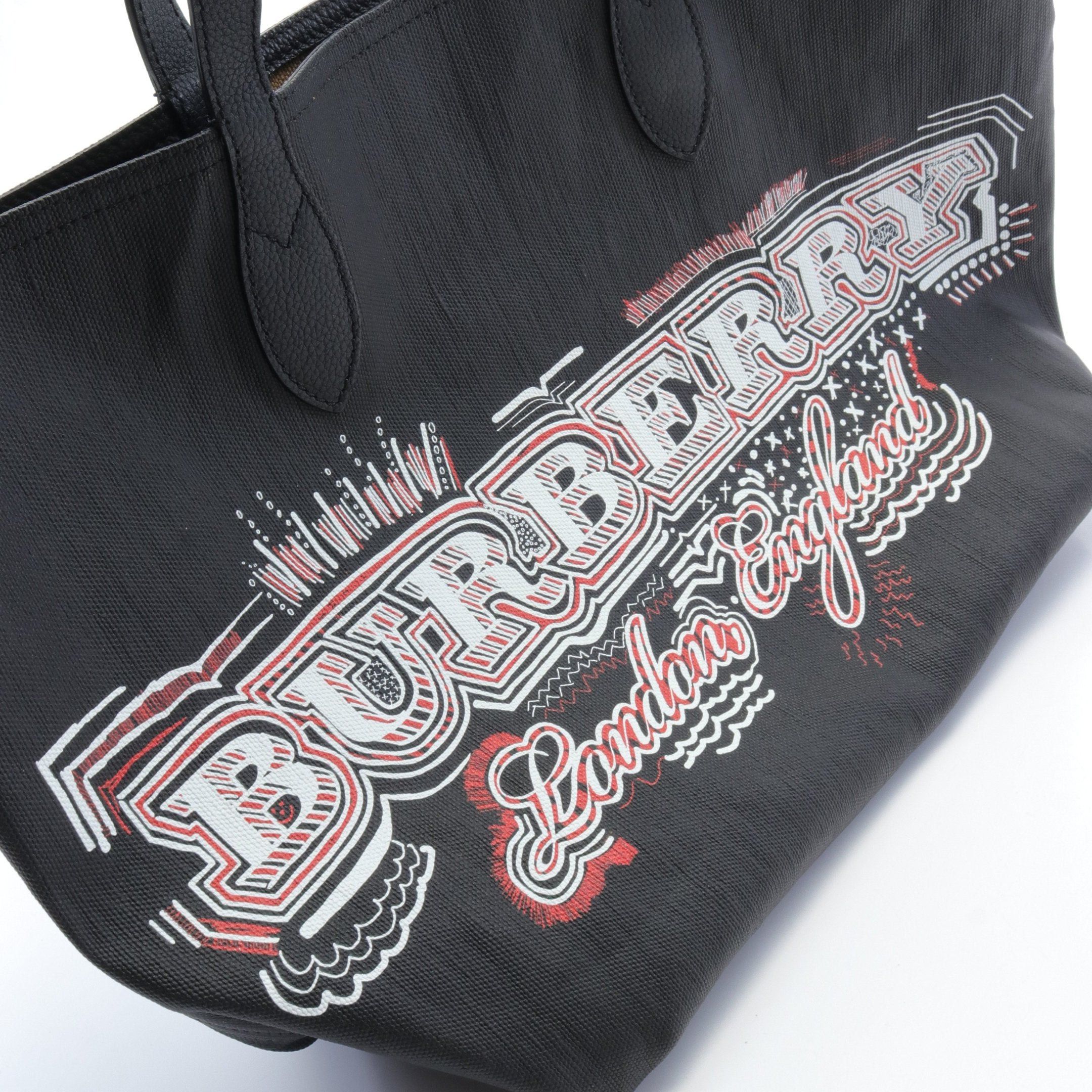 Burberry Burberry Large Doodle Shoulder Bag Tote Check Canvas Leather Black Beige Multicolor Reversible Size ONE SIZE - 4 Thumbnail