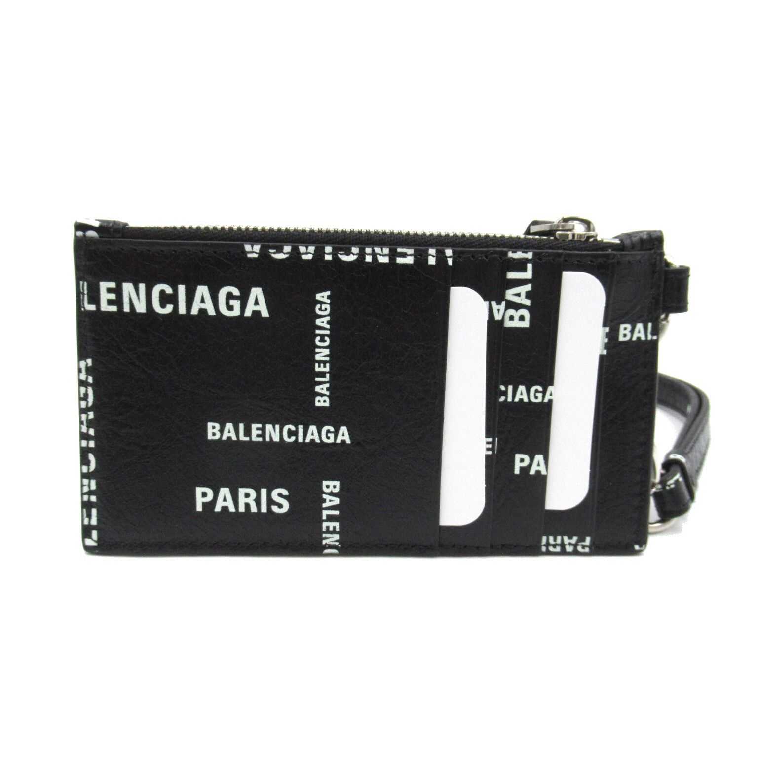 Balenciaga Balenciaga With Strap Key Ring Card Case Leather Black White Size ONE SIZE - 2 Thumbnail