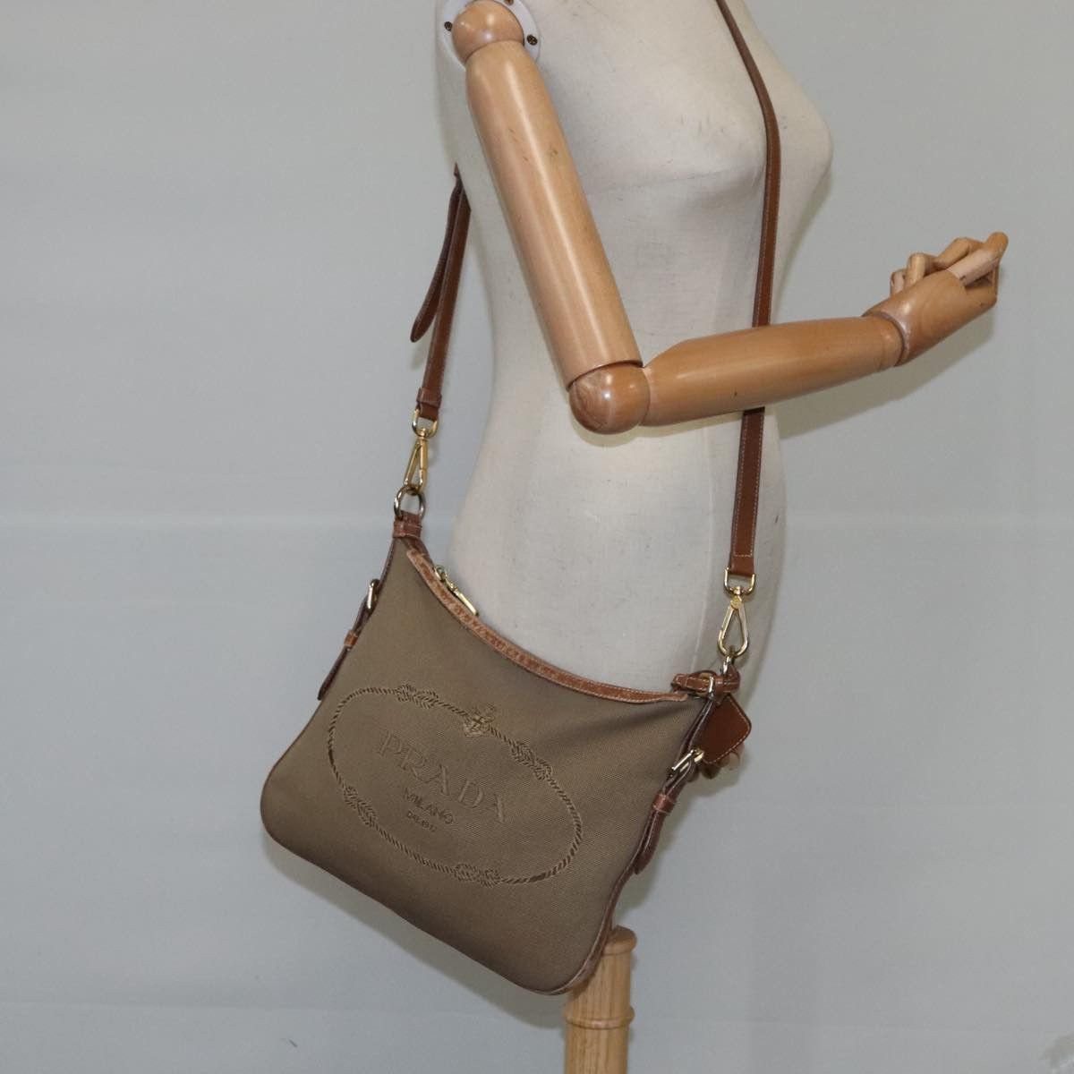 Prada Logo Jacquard Beige Canvas Shoulder Bag (Pre-Owned) Size ONE SIZE - 16 Thumbnail