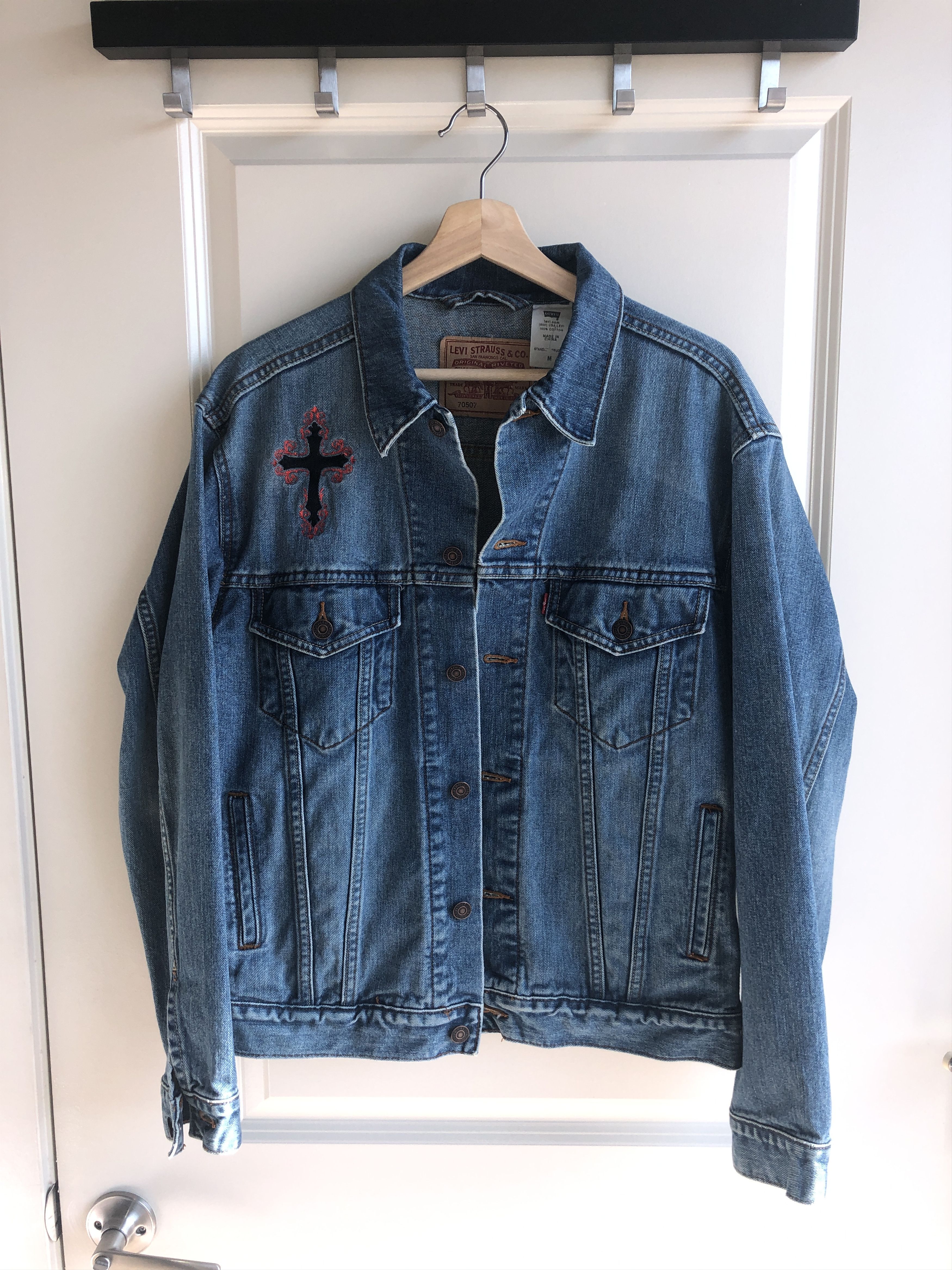 Vintage Denim Jean Jacket w/ Tupac cross embroidery