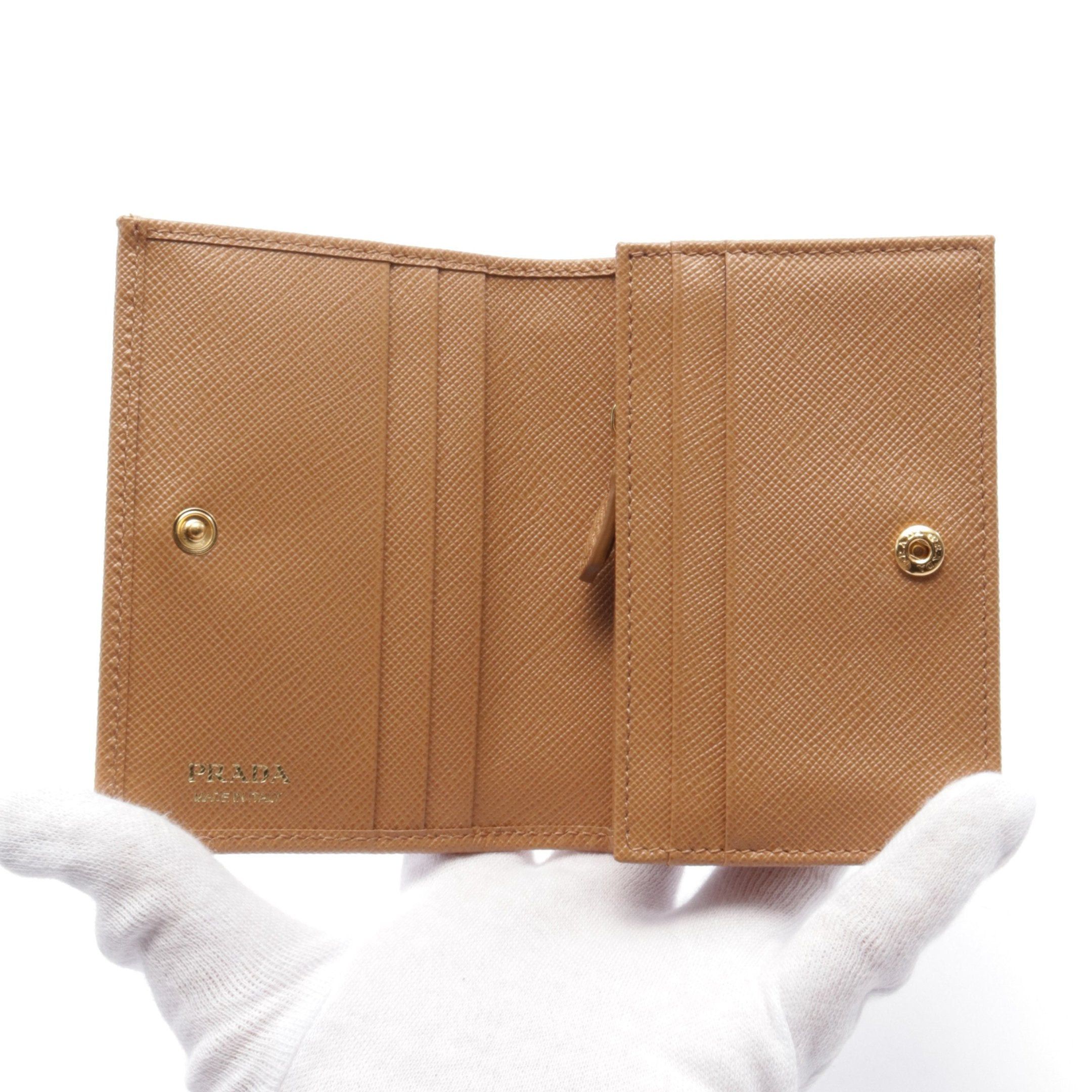 Prada Prada Saffiano Triang Bi-Fold Wallet Leather Light Brown Size ONE SIZE - 3 Thumbnail