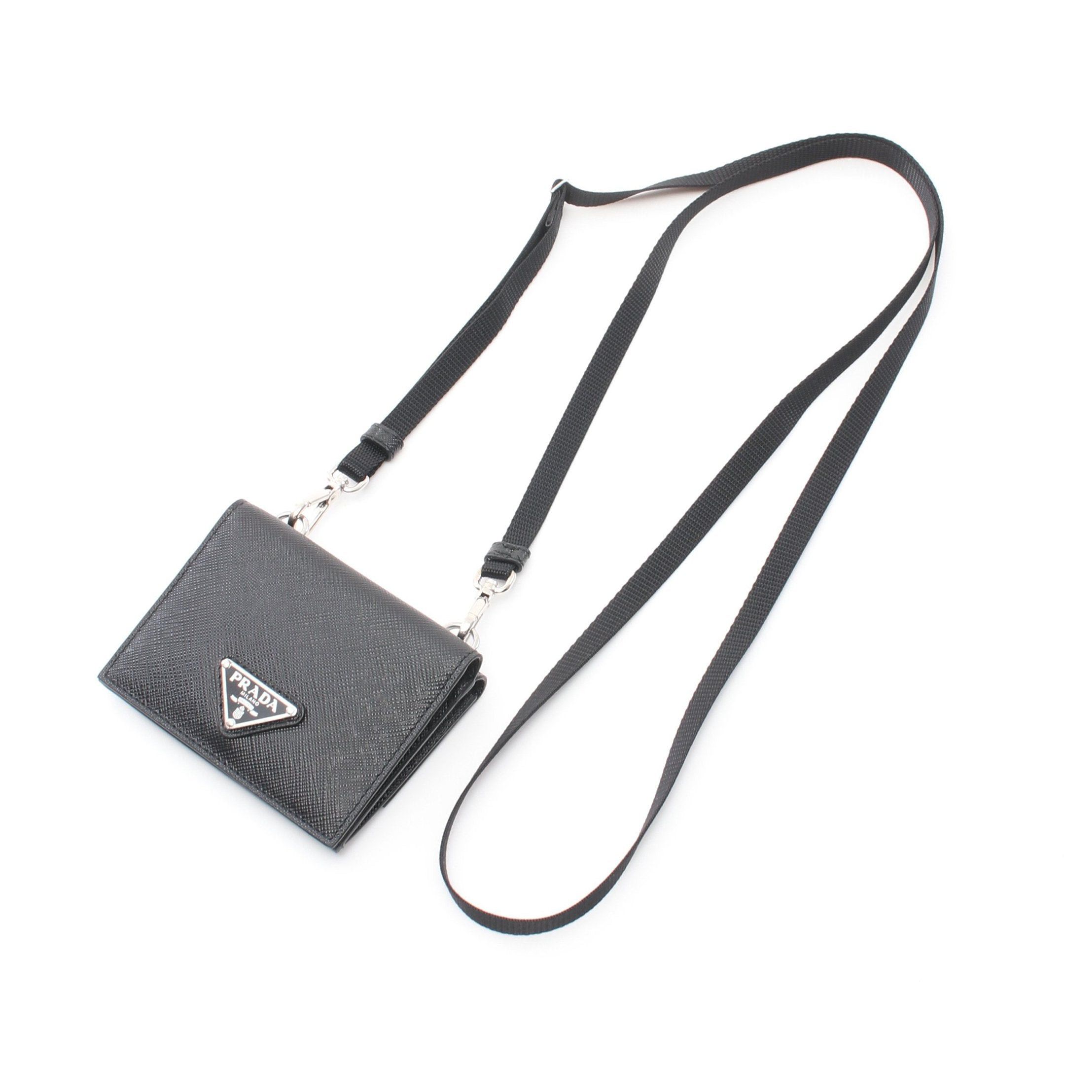 Prada Prada Saffiano Triang Coin Purse Bi-Fold Wallet Card Case Leather Black Size ONE SIZE - 6 Thumbnail