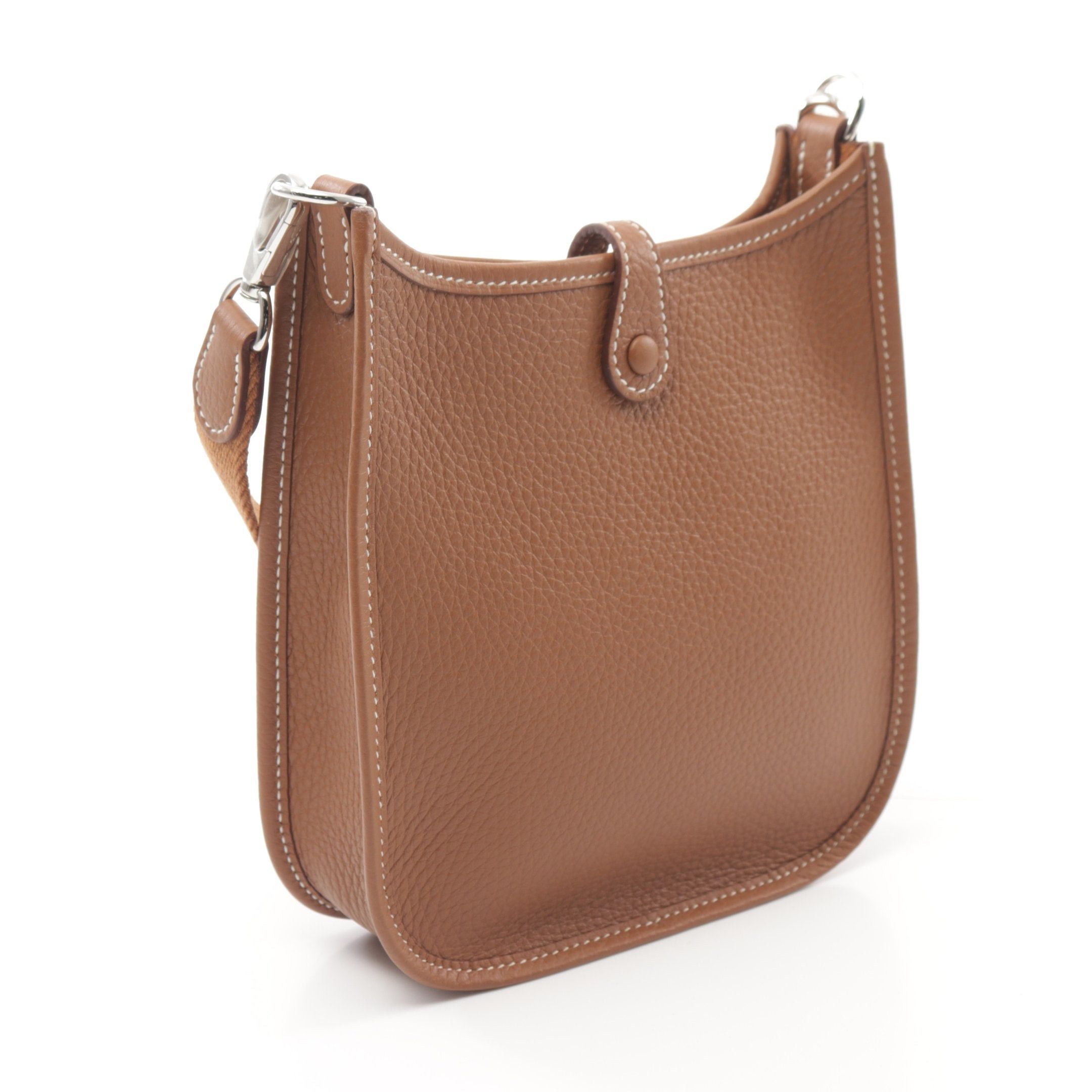Hermes Evelyn Tpm Gold Shoulder Bag Clemence Leather Light Brown Silver Hardware Double Engraved