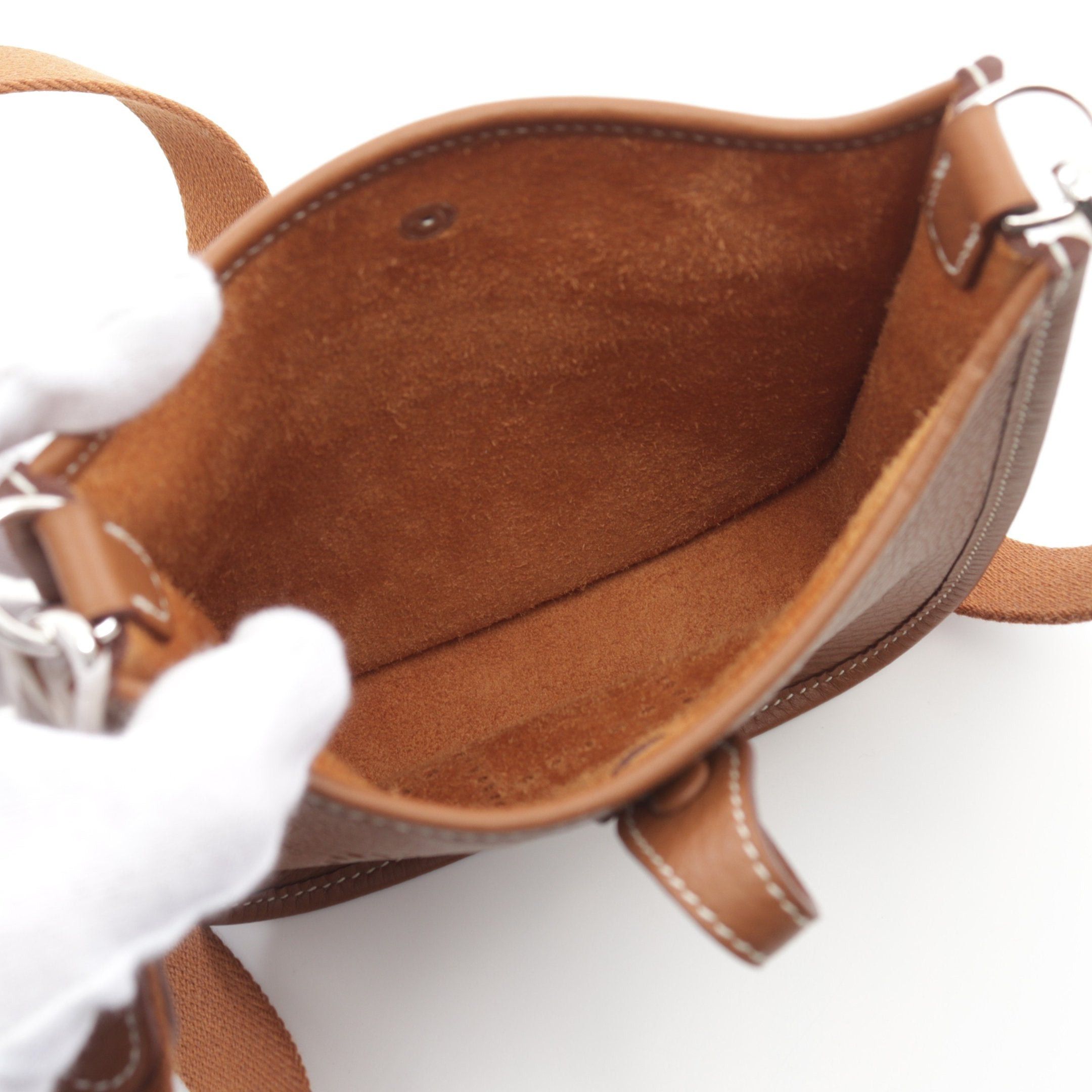 Hermes Evelyn Tpm Gold Shoulder Bag Clemence Leather Light Brown Silver Hardware Double Engraved