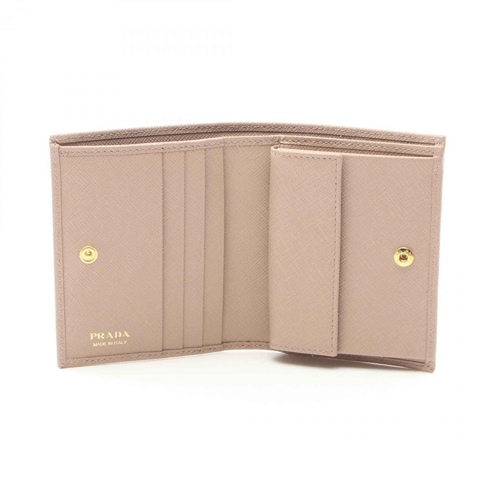 Prada Prada Saffiano Triang Bi-Fold Wallet Leather Beige Size ONE SIZE - 3 Thumbnail