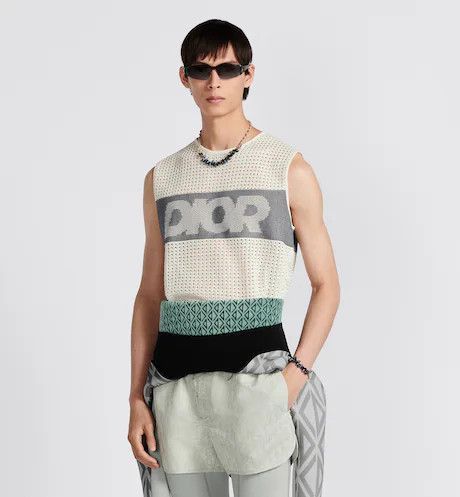 Dior Sleeveless T-Shirt White Cotton-Blend Cannage Knit Mesh Size US L / EU 52-54 / 3 - 2 Thumbnail
