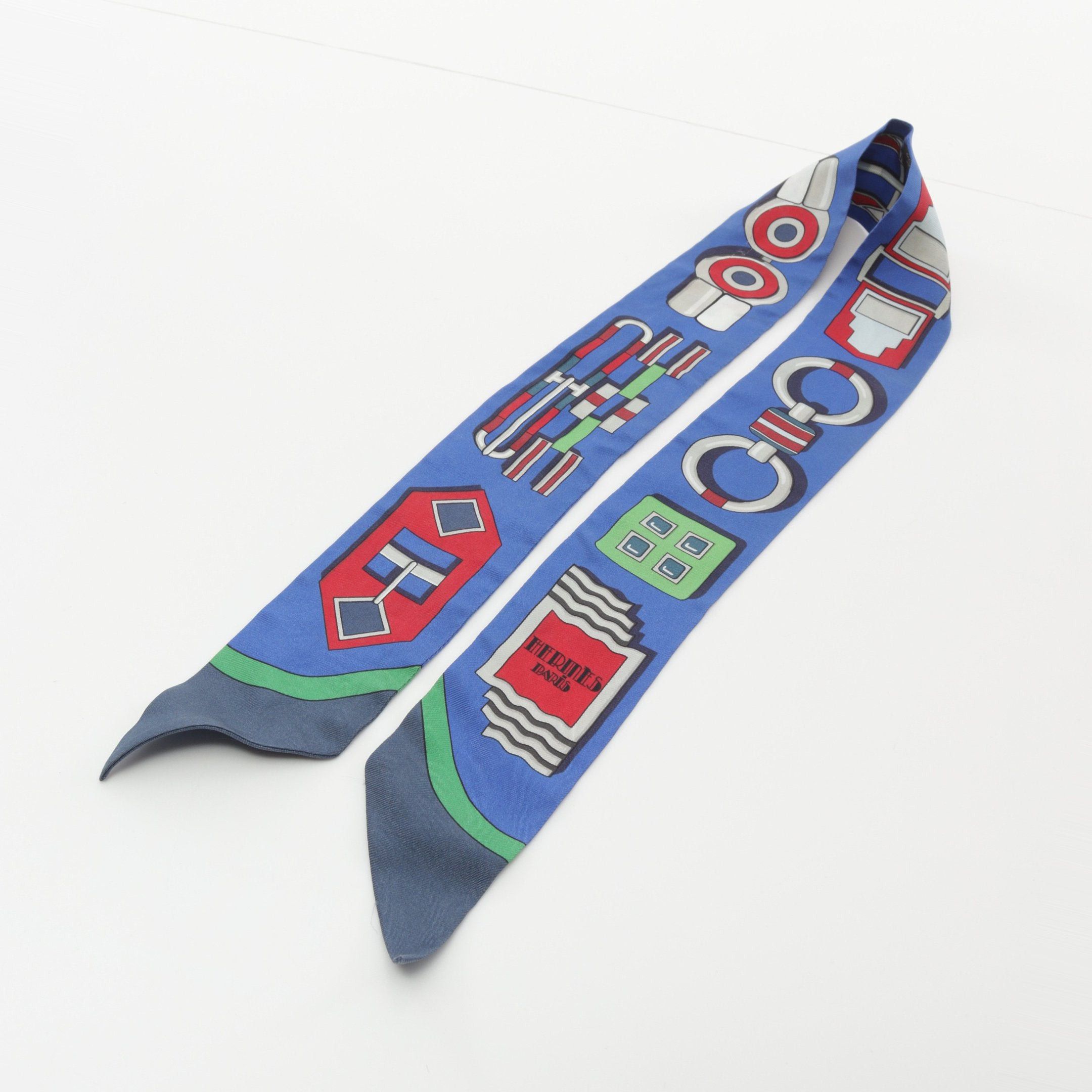 Hermes Hermes Twilly Carr En Boucles Ribbon Scarf Silk Blue Multicolor Size ONE SIZE - 10 Thumbnail