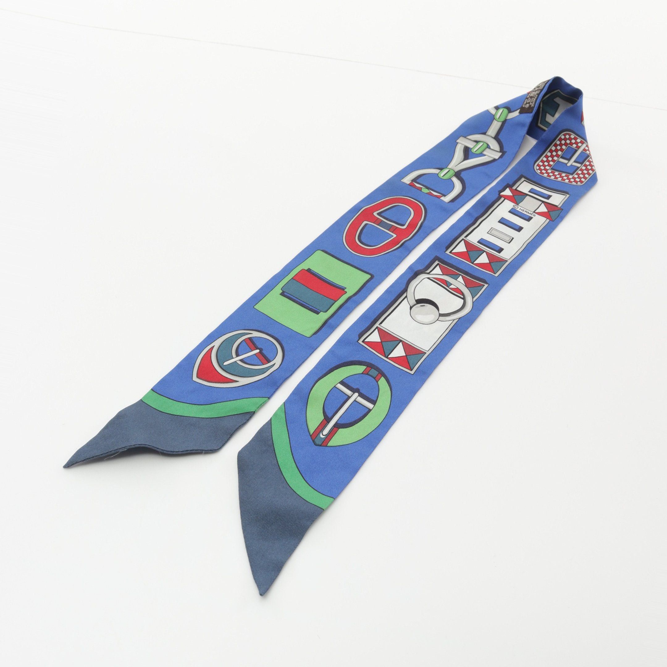 Hermes Hermes Twilly Carr En Boucles Ribbon Scarf Silk Blue Multicolor Size ONE SIZE - 11 Thumbnail