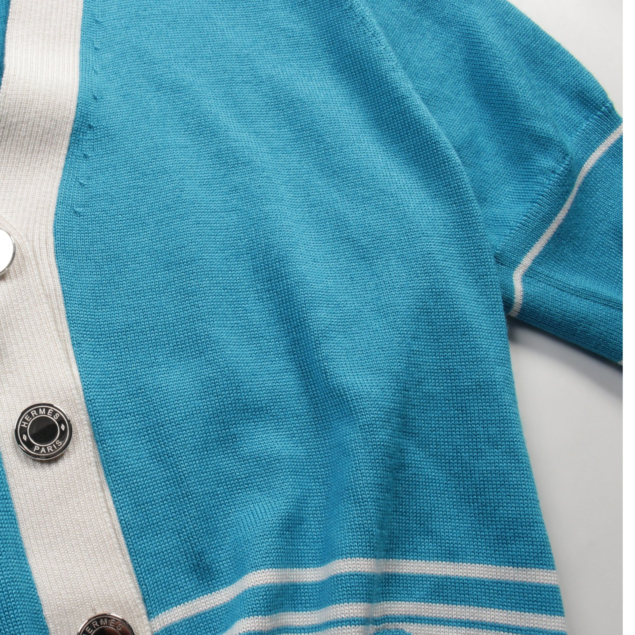 Hermes Hermes Chaîne Serie Button Cardigan V-Neck Short Sleeve Cashmere Silk Blue White Size ONE SIZE - 7 Thumbnail