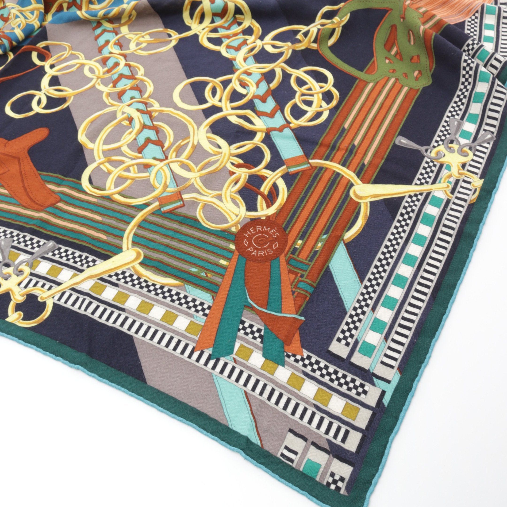 Hermes Hermes Carréjean Carres 140 Brides Et Gris Scarf Shawl Cashmere Silk Navy Multicolor Size ONE SIZE - 7 Thumbnail