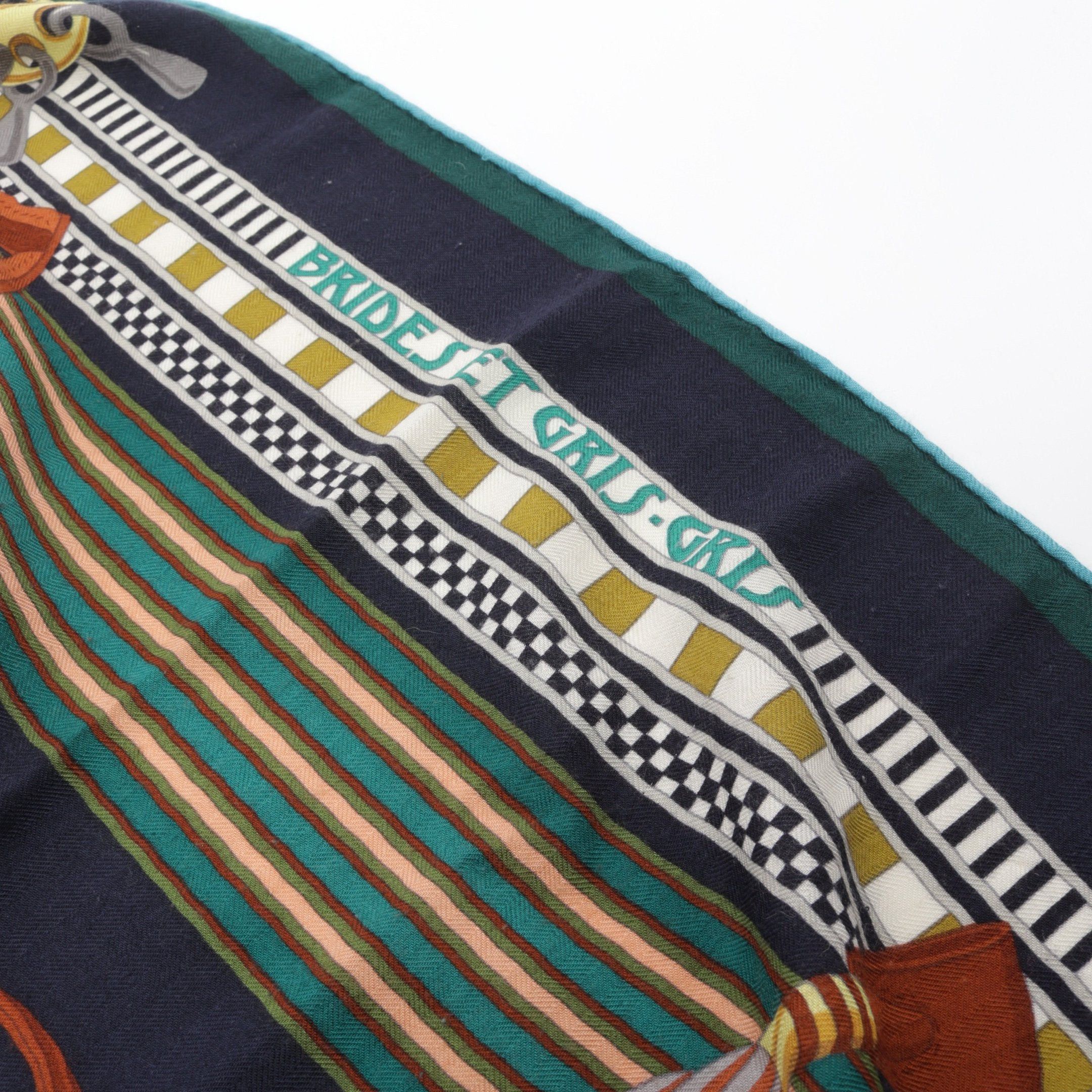 Hermes Hermes Carréjean Carres 140 Brides Et Gris Scarf Shawl Cashmere Silk Navy Multicolor Size ONE SIZE - 9 Thumbnail