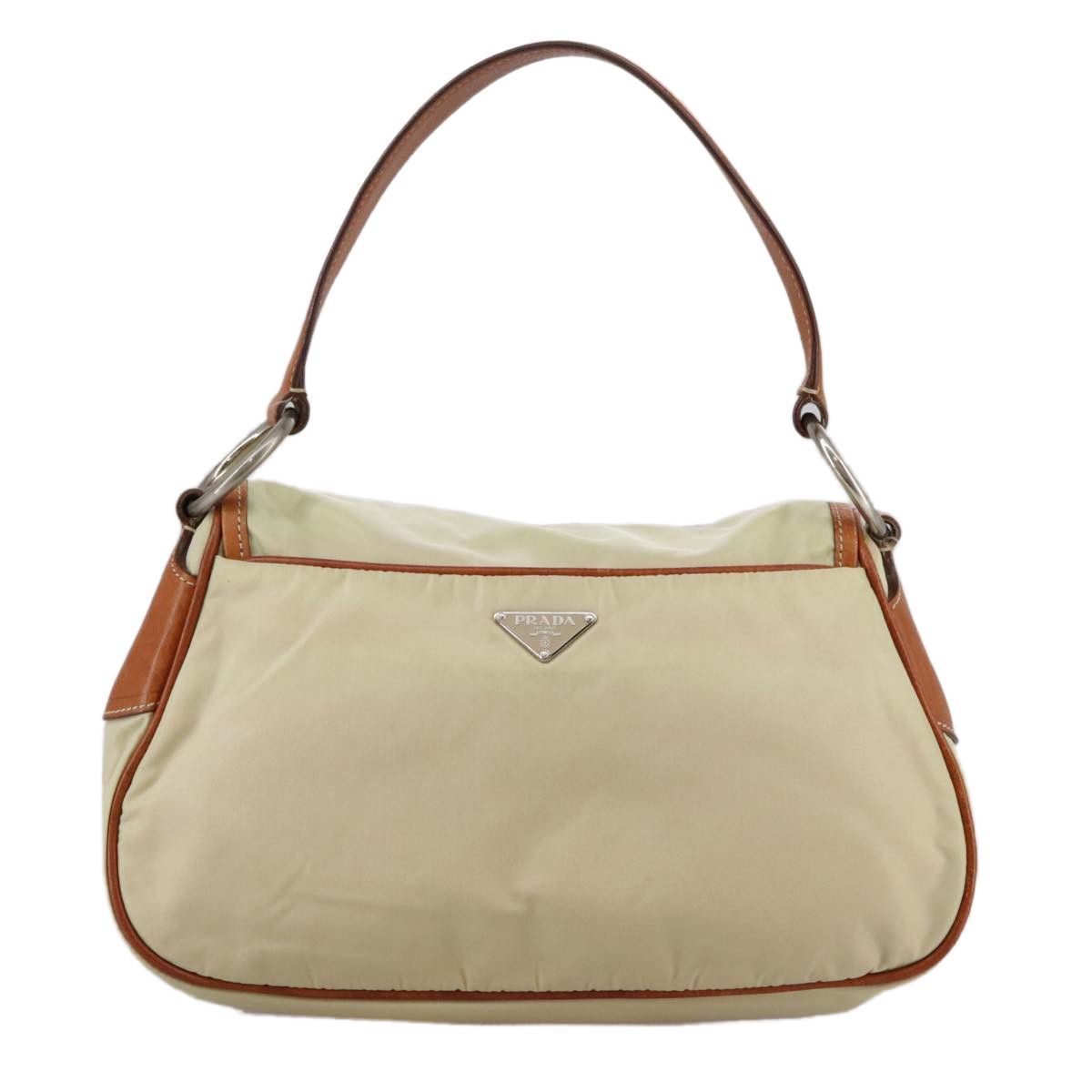PRADA Shoulder Bag Nylon Leather Beige Brown Silver Auth ti2547