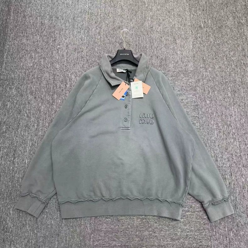 Miu Miu MiuMiu washed to make old ruined letter polo collar embroidered hoodie-zp Size US M / EU 48-50 / 2 - 2 Thumbnail