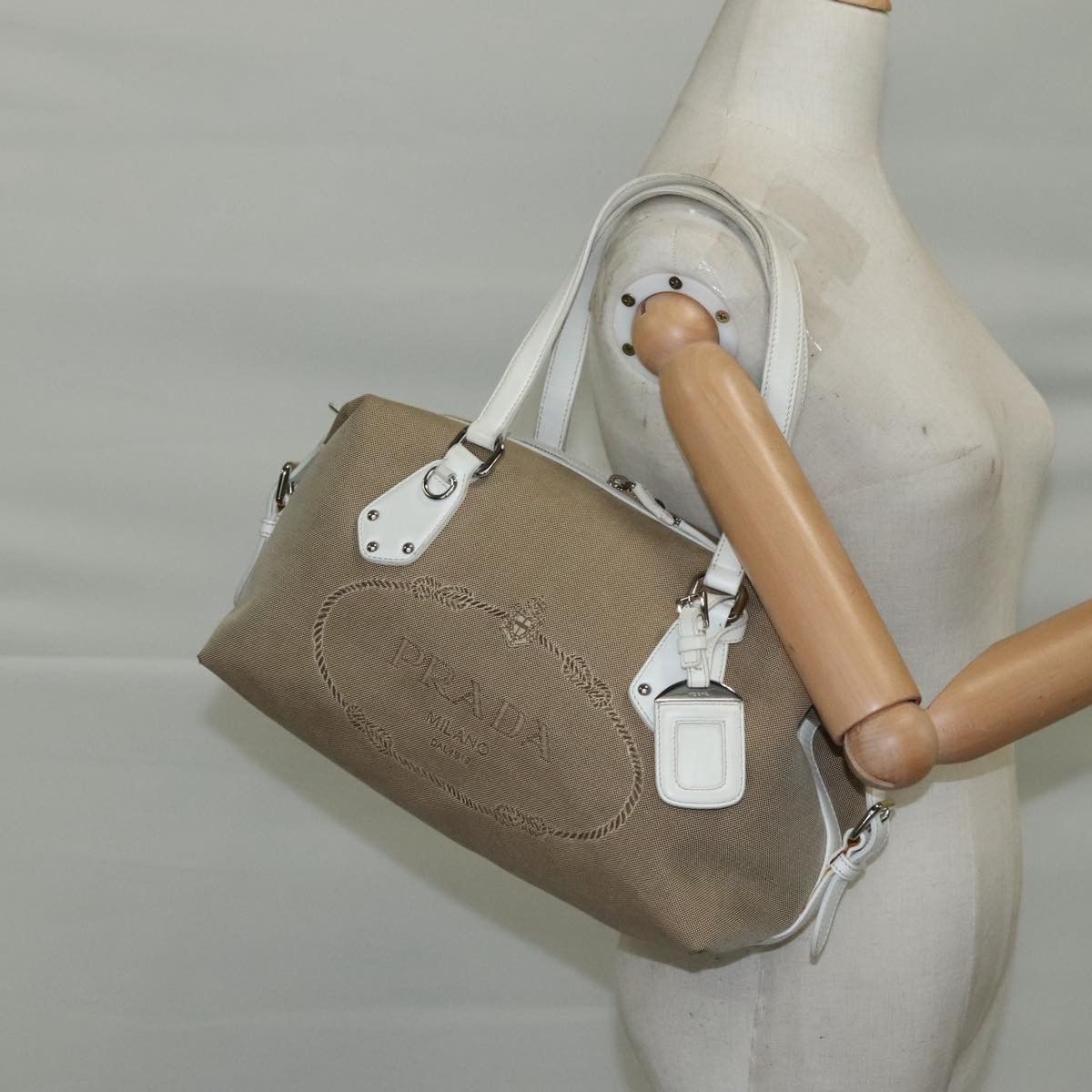 Prada Logo Jacquard Beige Canvas Handbag (Pre-Owned) Size ONE SIZE - 16 Thumbnail