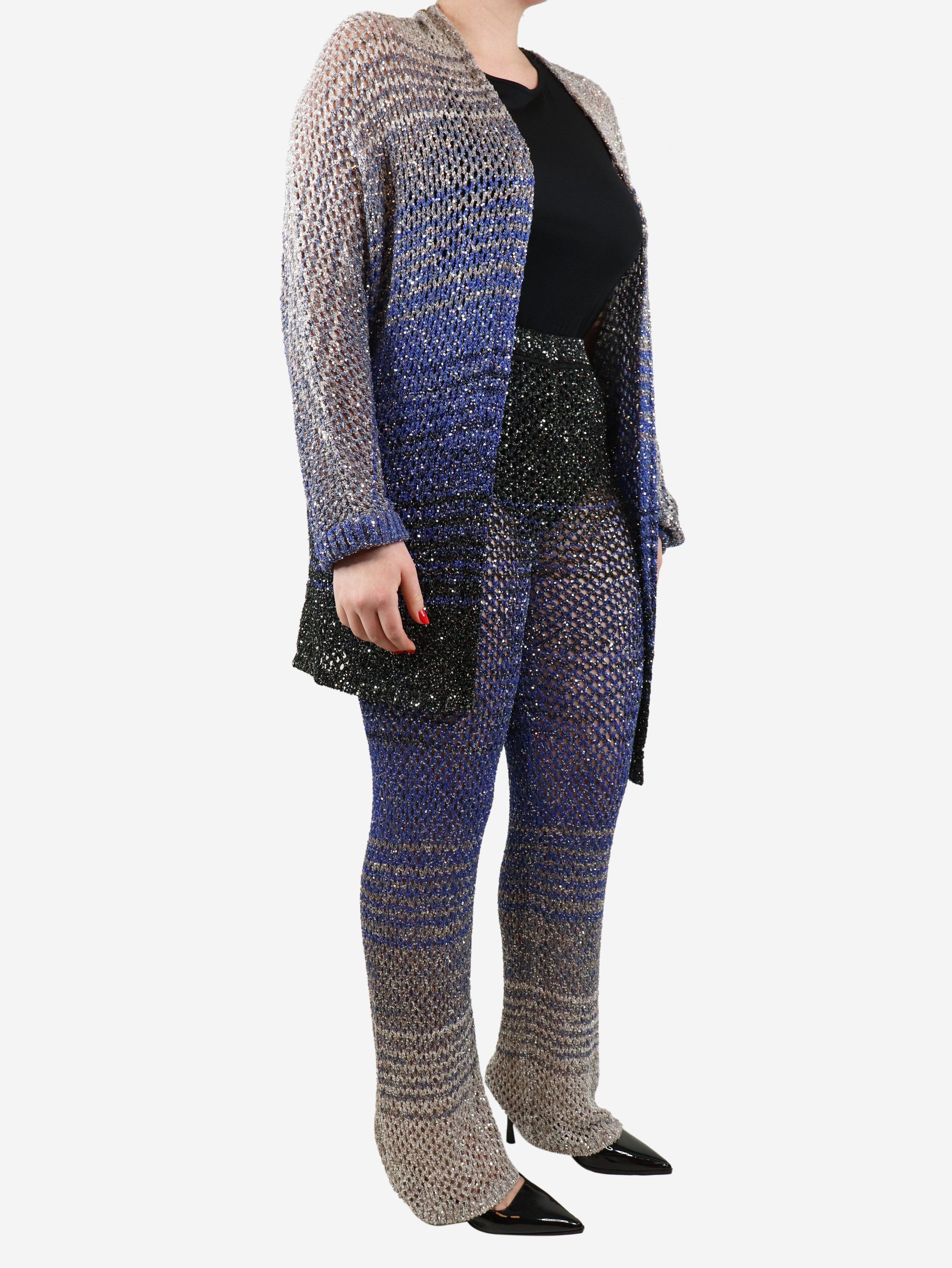 Blue crochet sequin cardigan and trousers set - UK 14