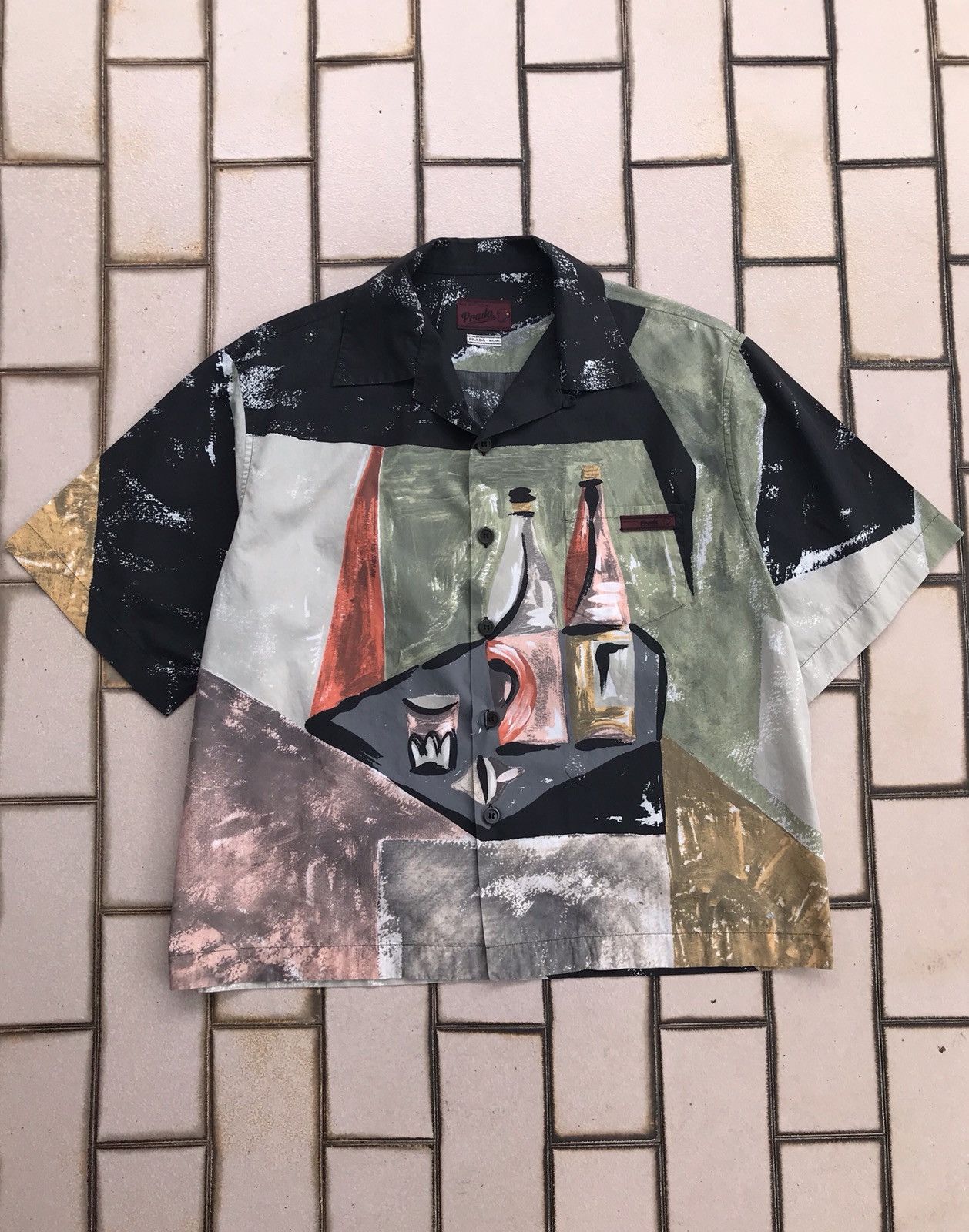 Prada SS17 camp collar bowling shirt wine bottle painting SZ:L