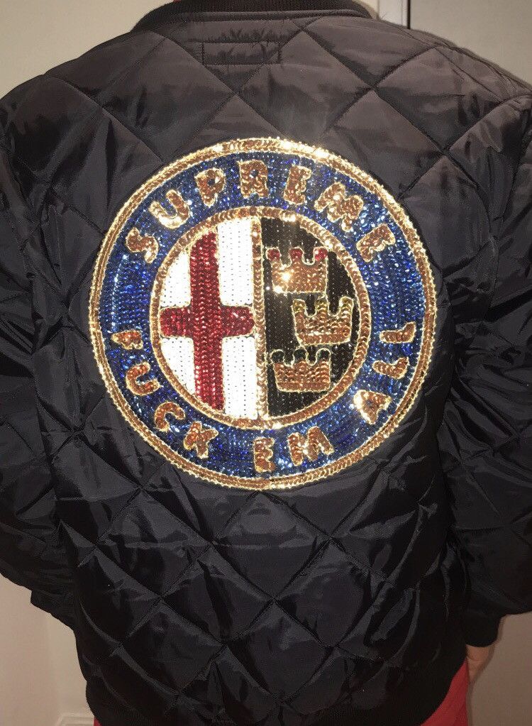 supreme 中綿ジャケット 背中 ラメ FUCK  EM ALL ロゴ M supreme 中綿ジャケット 背中 ラメ FUCK EM ALL ロゴ Mサ