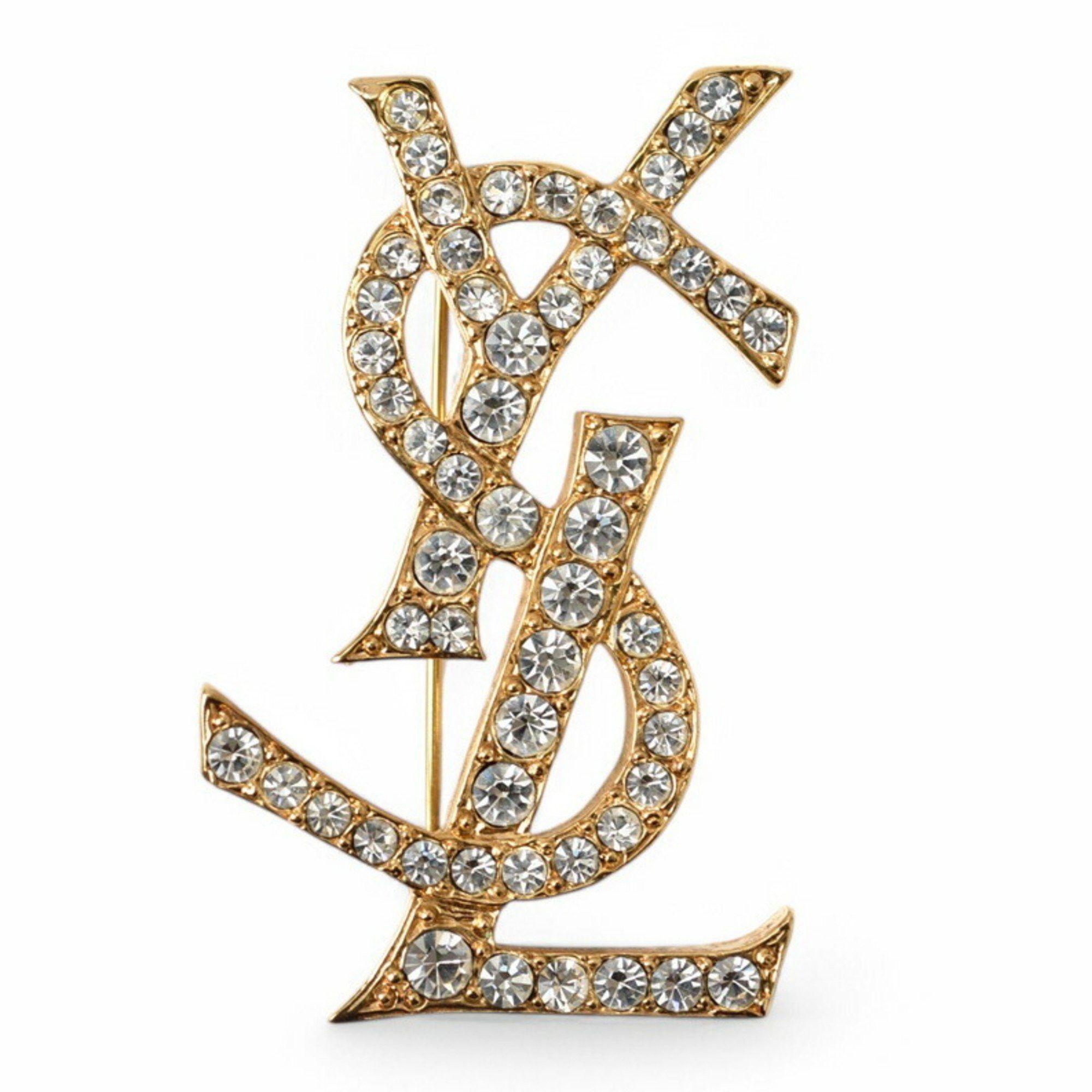 Yves Saint Laurent Yves Saint Laurent Saint Laurent pin brooch, badge, SAINT LAURENT monogram YSL, rhinestone, gold Size ONE SIZE - 2 Thumbnail