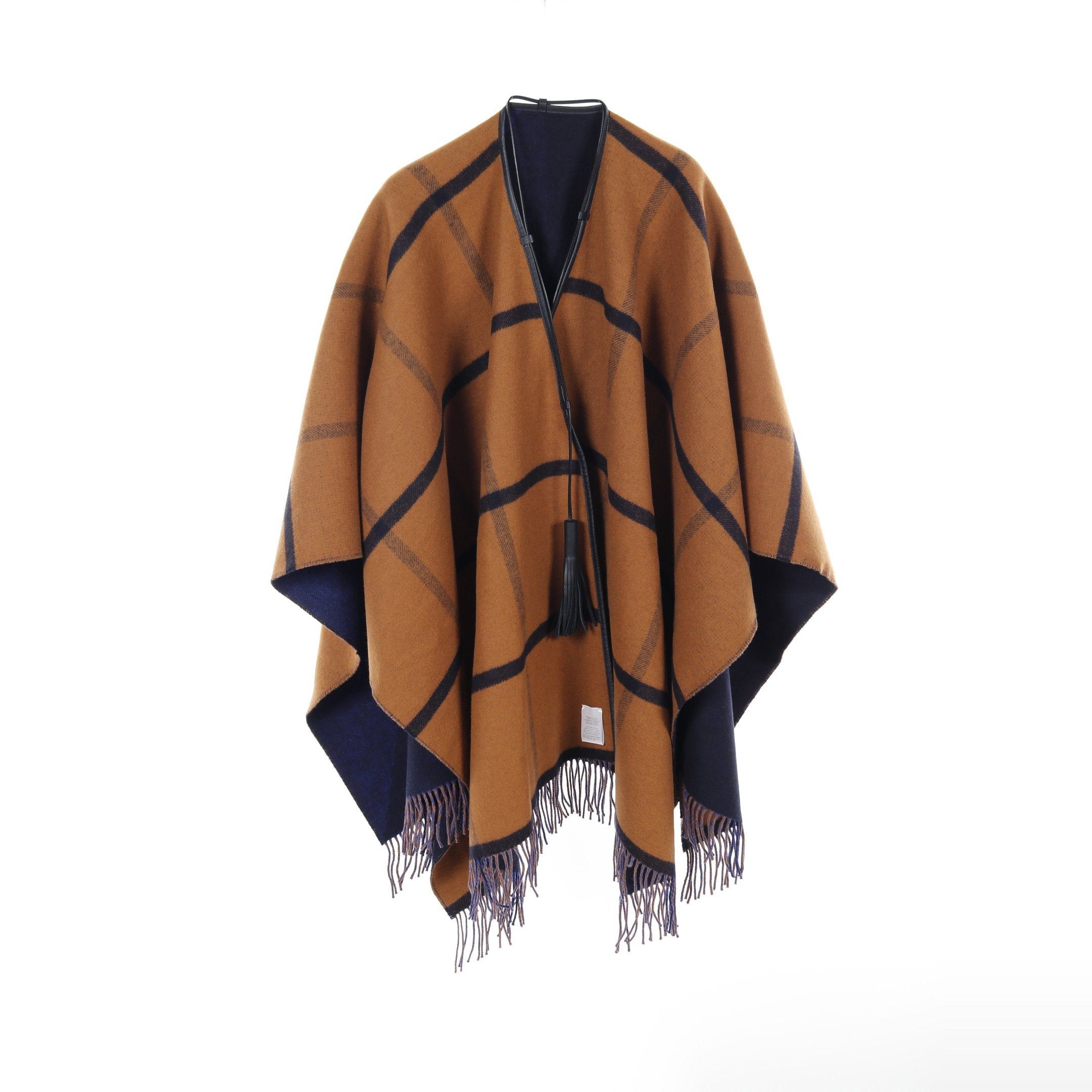 Hermes Hermes Highland Cape Poncho Wool Cashmere Navy Beige Fringe Reversible Size ONE SIZE - 3 Thumbnail