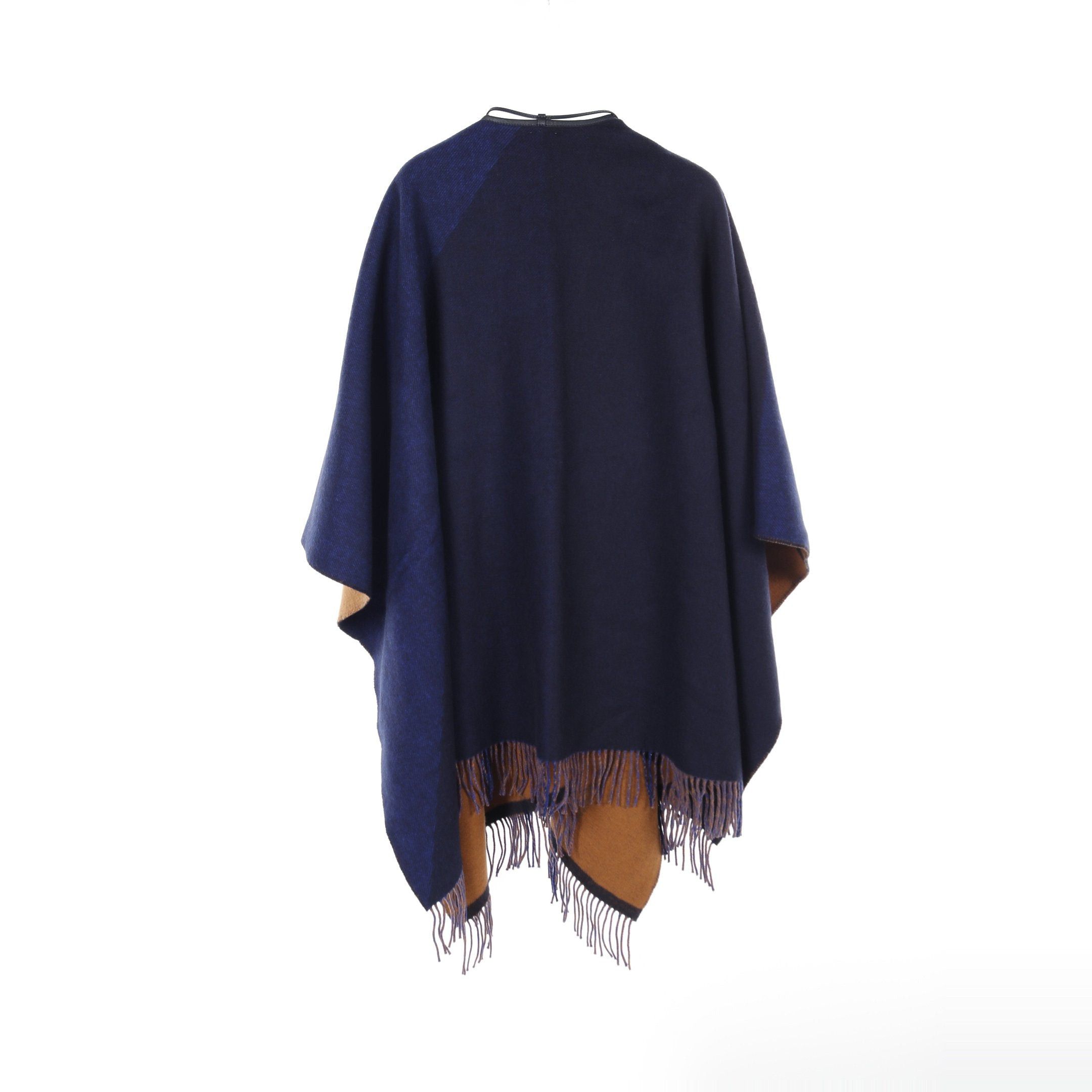 Hermes Hermes Highland Cape Poncho Wool Cashmere Navy Beige Fringe Reversible Size ONE SIZE - 2 Thumbnail