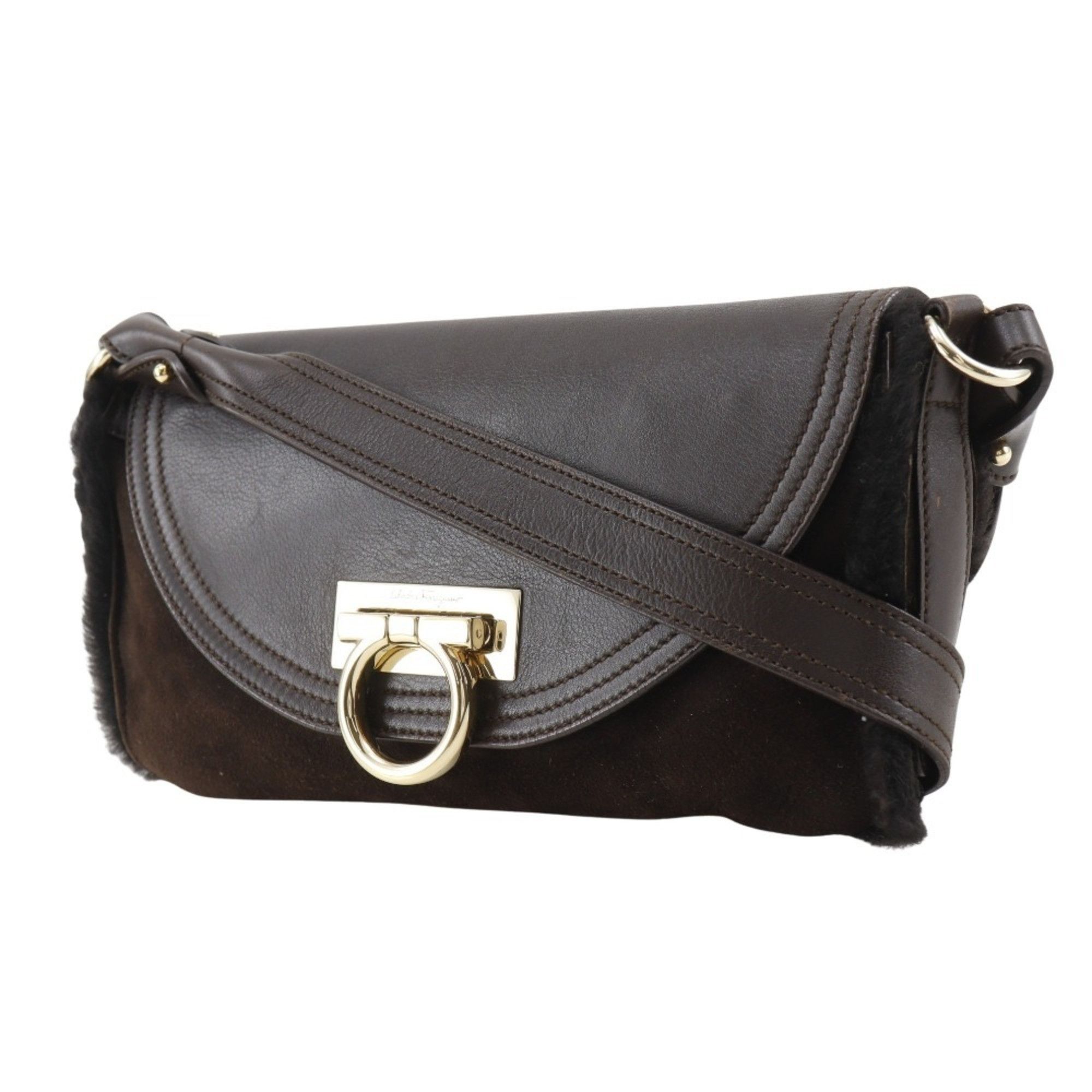 Salvatore Ferragamo Salvatore Ferragamo Gancini Shoulder Bag EZ-21 4887 Mouton Brown Flap Women's Size ONE SIZE - 2 Thumbnail