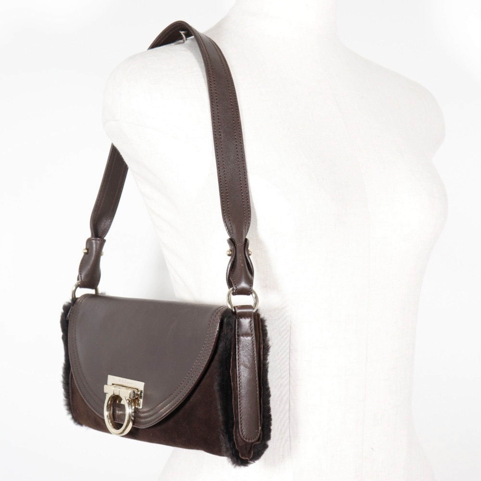 Salvatore Ferragamo Salvatore Ferragamo Gancini Shoulder Bag EZ-21 4887 Mouton Brown Flap Women's Size ONE SIZE - 8 Thumbnail