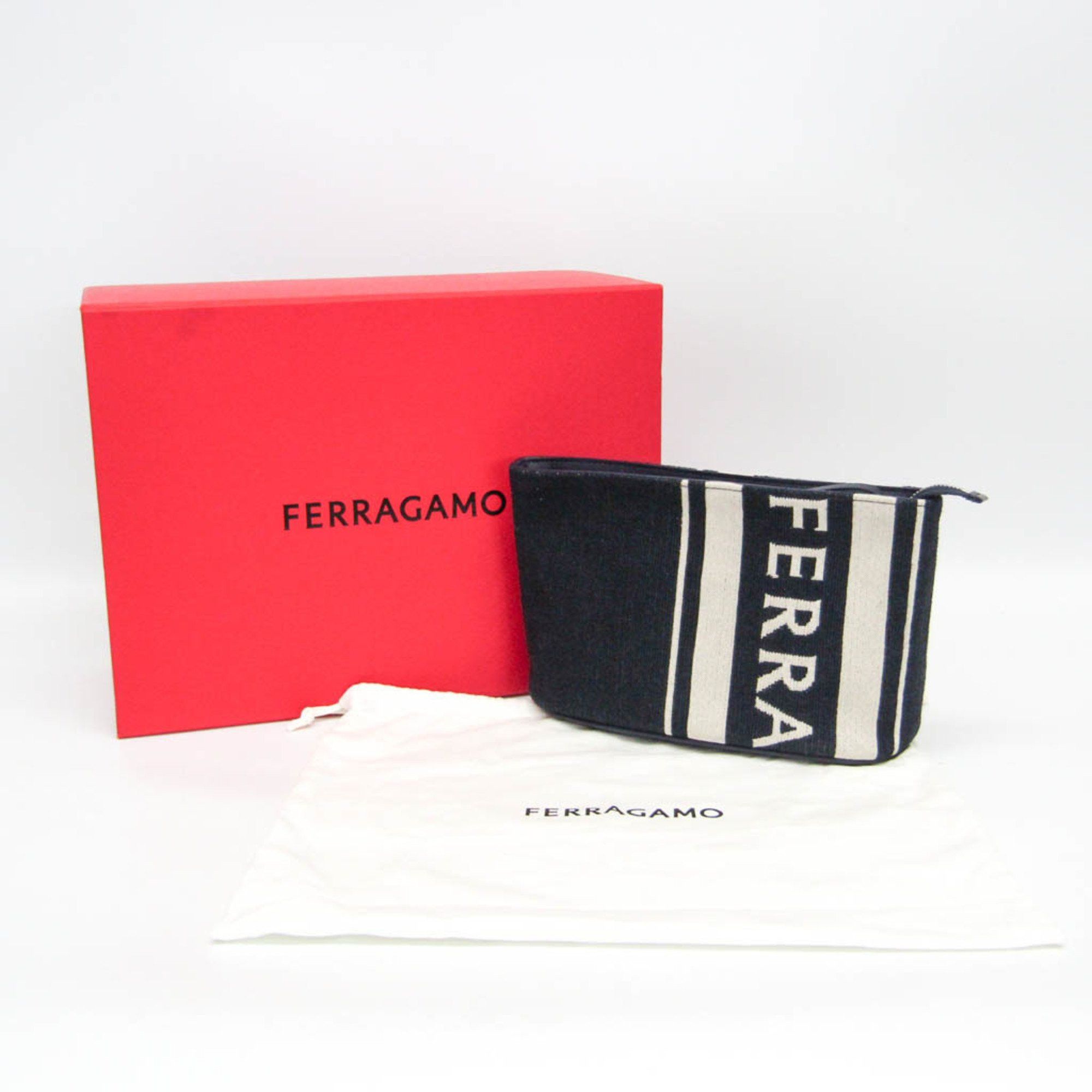 Salvatore Ferragamo Salvatore Ferragamo Logo EE-24 1638 Women,Men Leather,Cotton Pouch Cream,Navy Size ONE SIZE - 2 Thumbnail