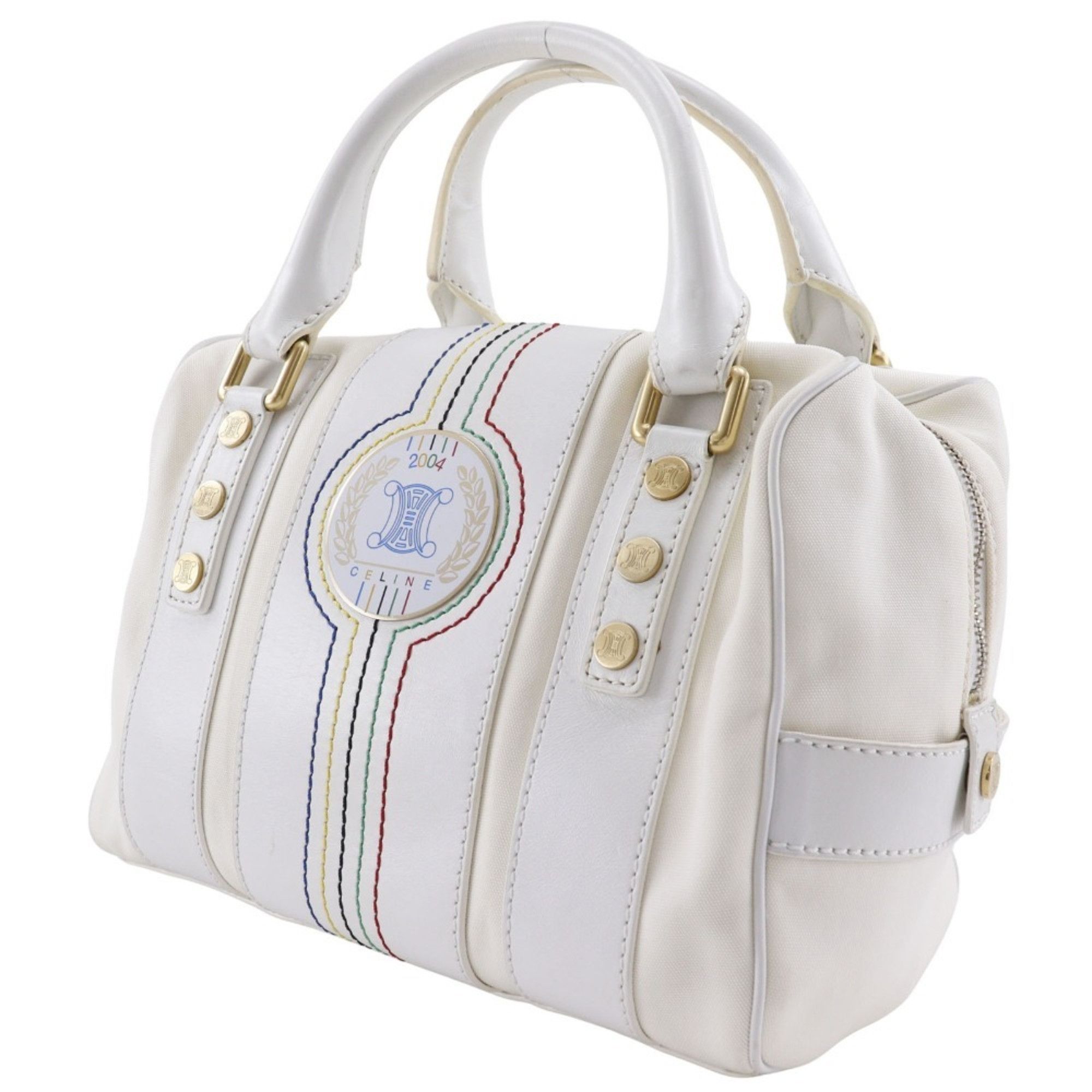 Celine CELINE Boston Handbag, 2004 Athens Olympics Limited Edition, Nylon Canvas x Leather, White, A5 Mini Boston, Women's Size ONE SIZE - 2 Thumbnail