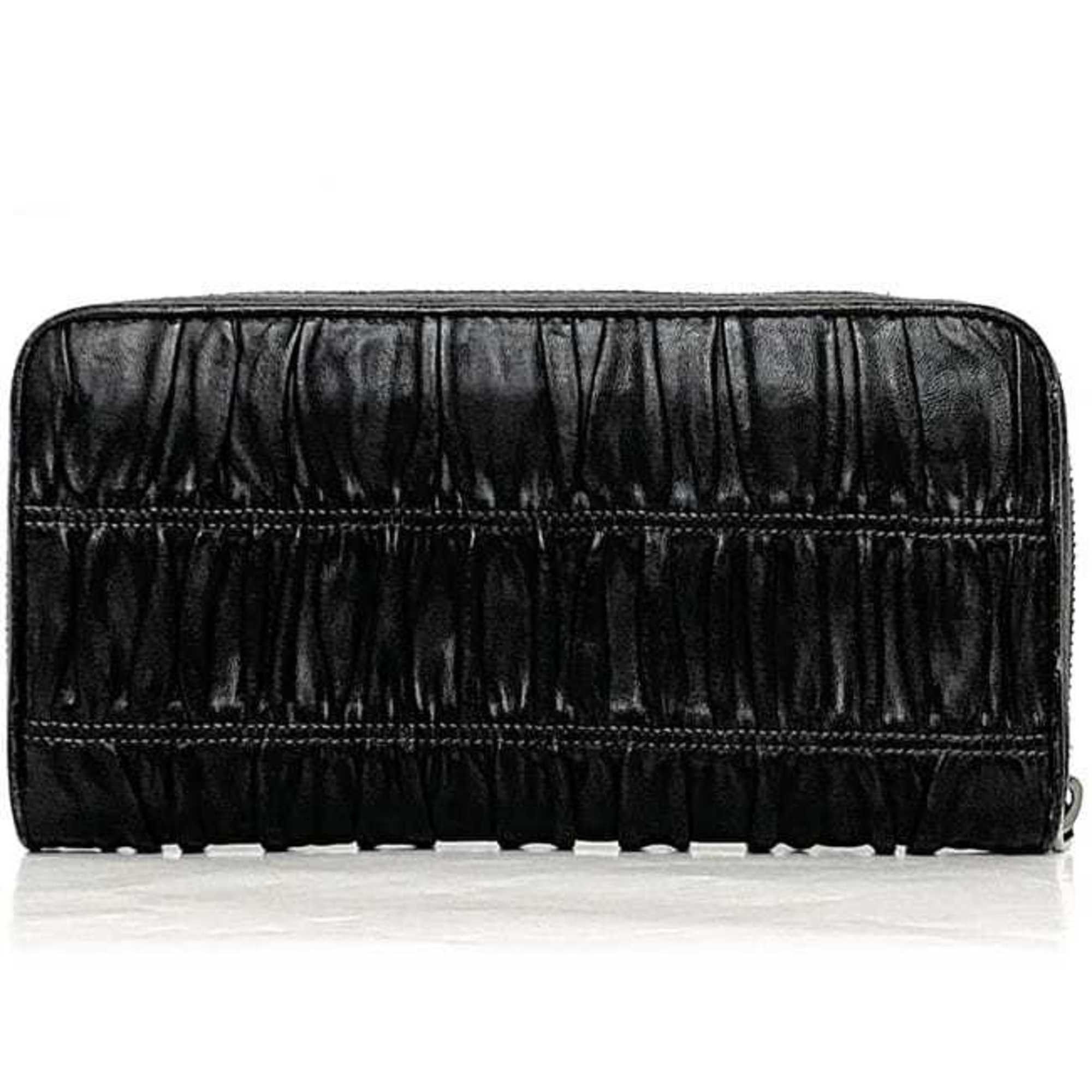 Prada Prada Round Long Wallet ec-22237 Black 1M0506 Leather 197A PRADA Pleated Women's Men's Metal Fittings Size ONE SIZE - 4 Thumbnail