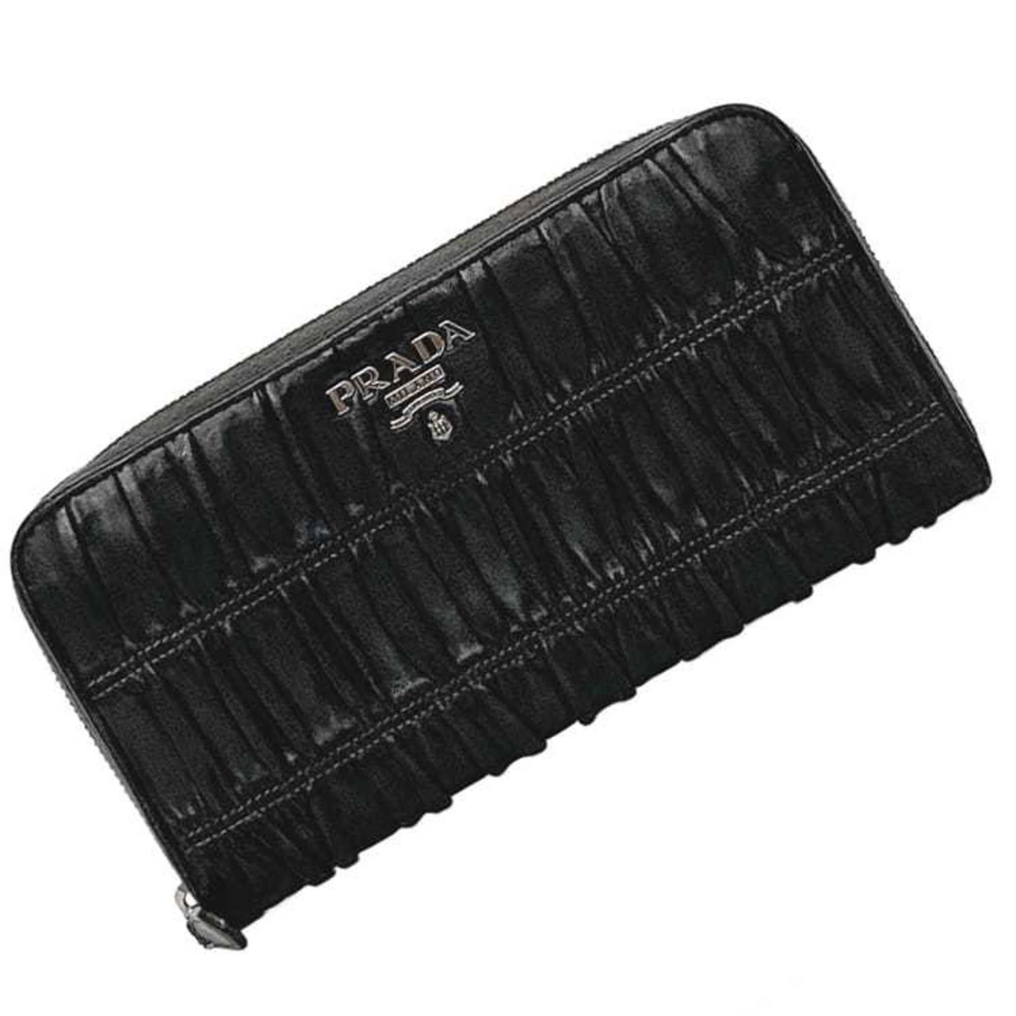 Prada Prada Round Long Wallet ec-22237 Black 1M0506 Leather 197A PRADA Pleated Women's Men's Metal Fittings Size ONE SIZE - 2 Thumbnail