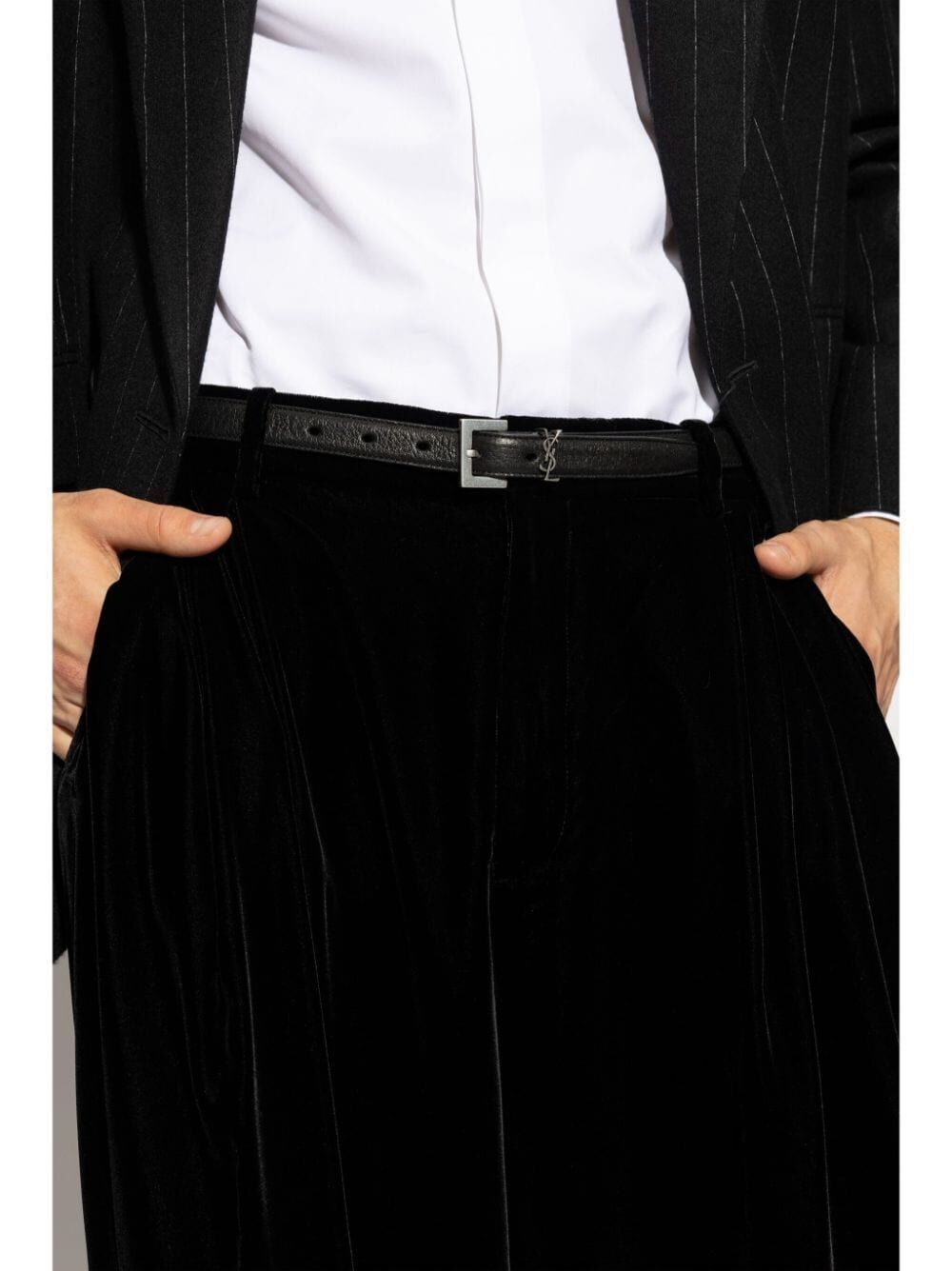 Saint Laurent Paris SQUARED BUCKLE STRIPED LEATHER CASSANDRE THIN BELT Size ONE SIZE - 2 Thumbnail