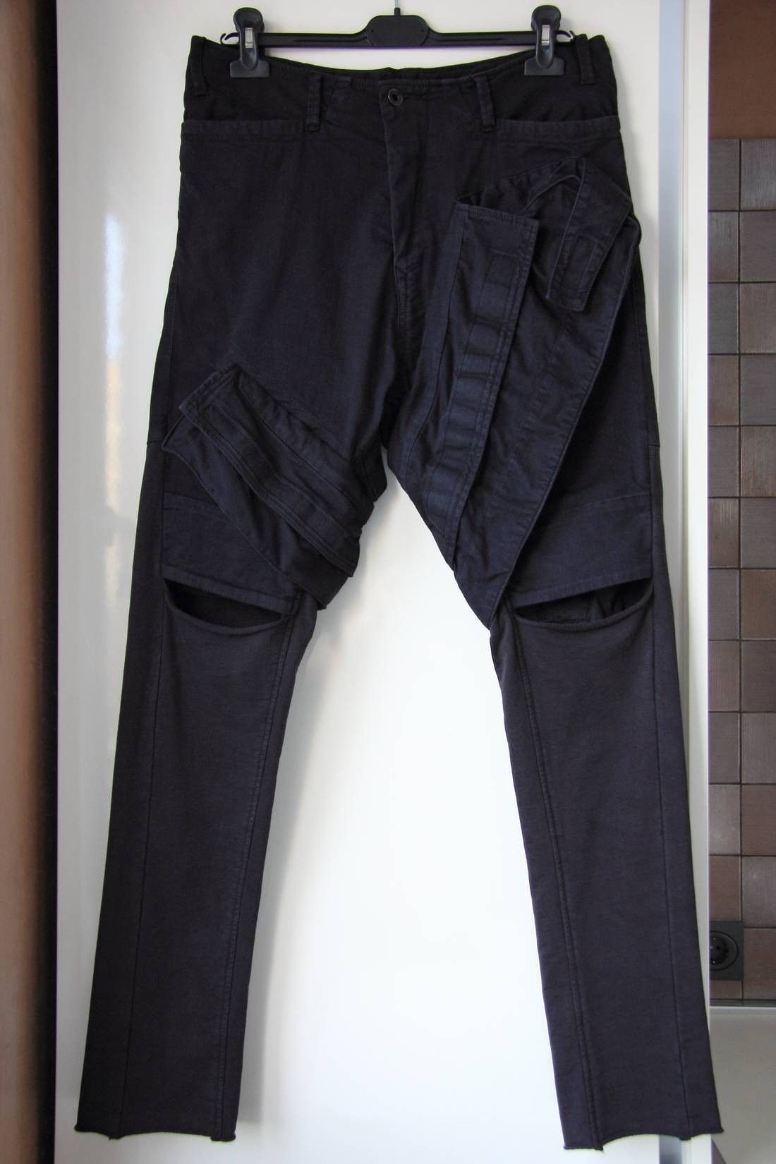 image of Julius_7 8Oz Stretch Denim Combination Gas Mask Pants Size 2 in Black, Men's