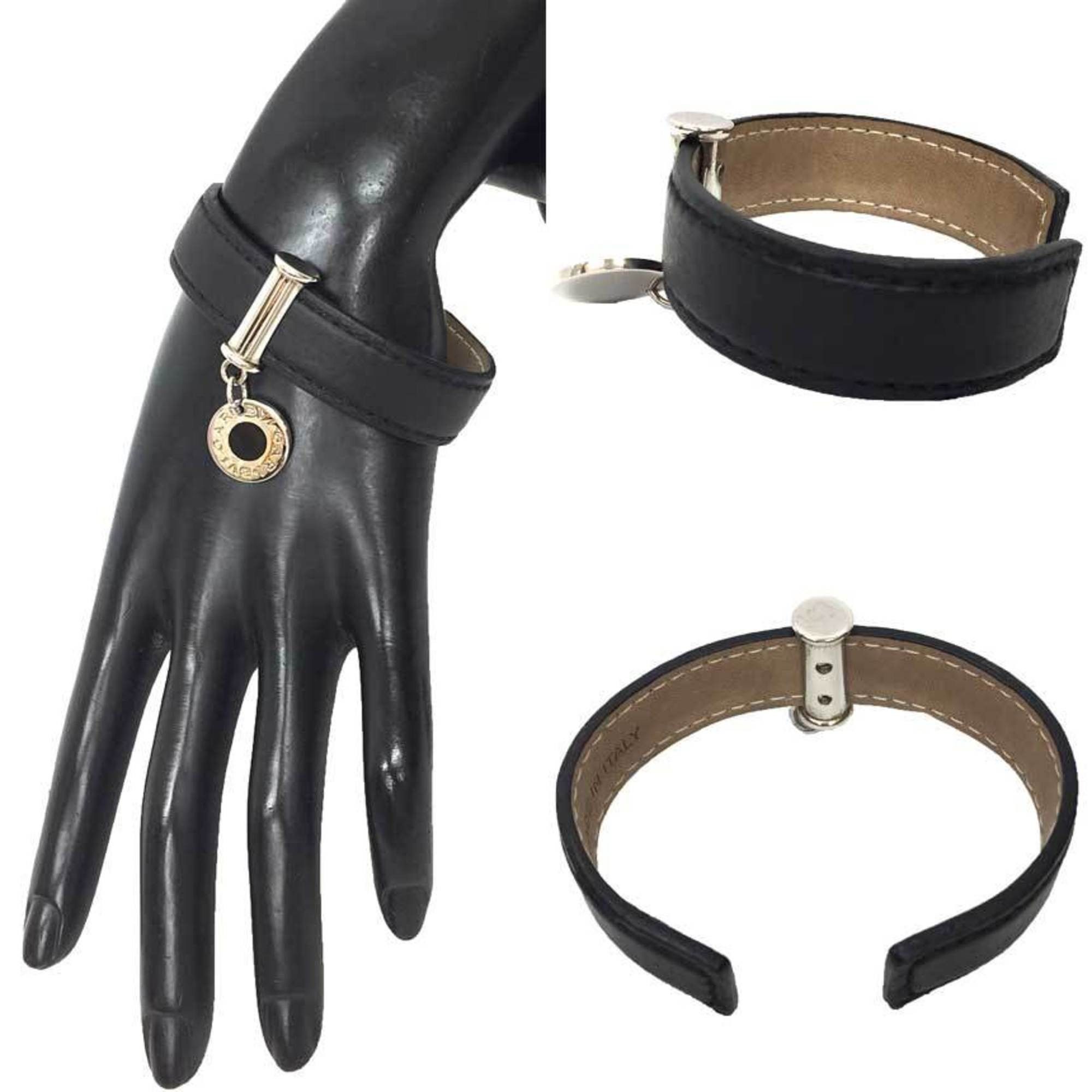 Bvlgari BVLGARI Cuff Bracelet Bangle Leather 23515 Black Silver Preserved Size ONE SIZE - 2 Thumbnail