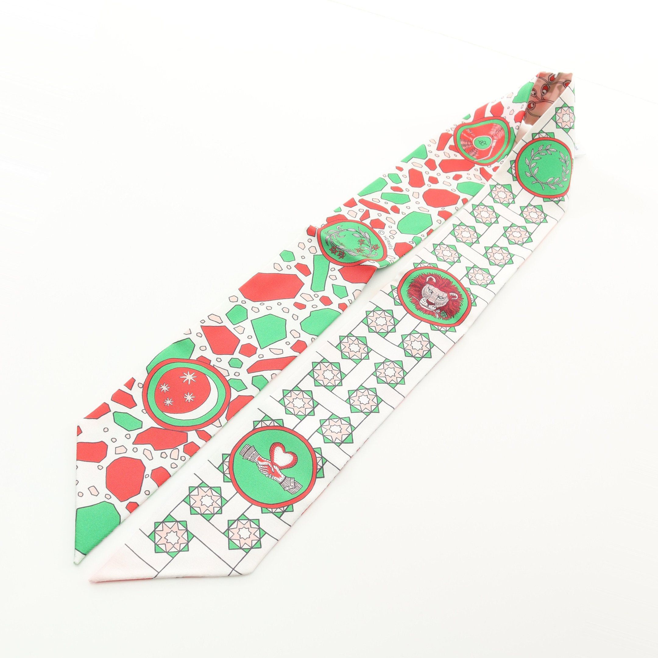 Hermes Twilly La Danse Des Amazones Ribbon Scarf Silk Red Multicolor