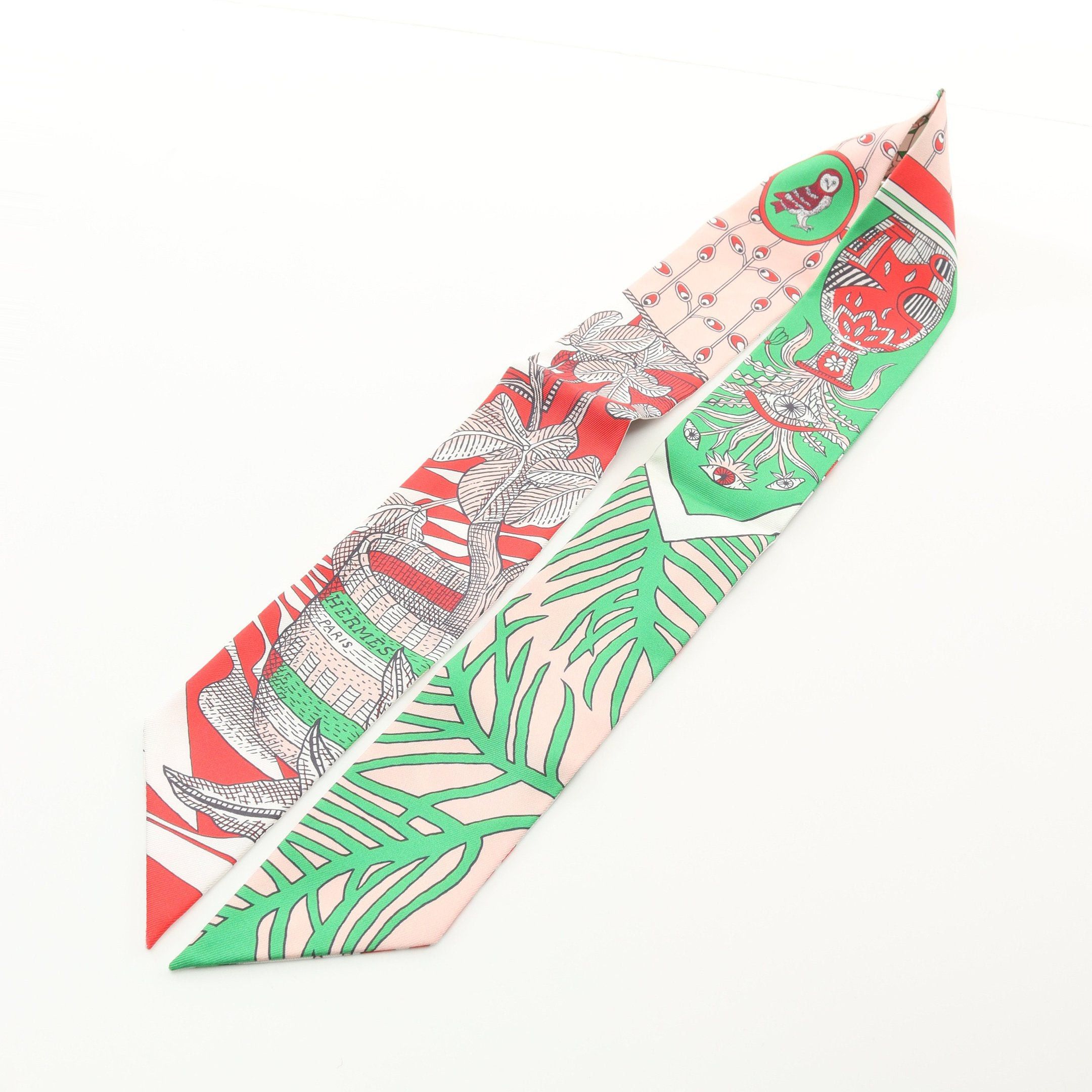 Hermes Twilly La Danse Des Amazones Ribbon Scarf Silk Red Multicolor