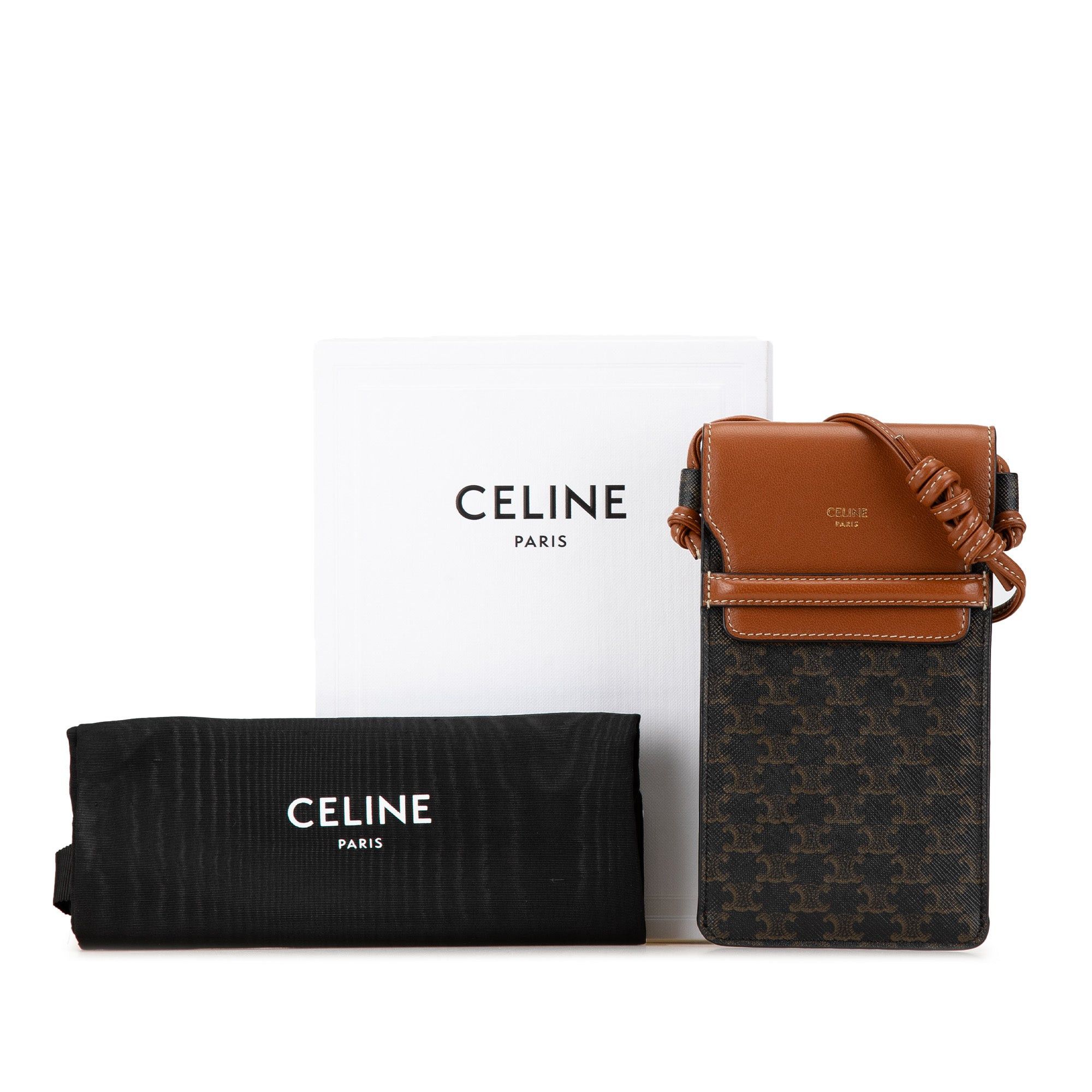 Celine Celine Triomphe Coated Canvas and Lambskin Phone Pouch with Flap Brown Size ONE SIZE - 9 Thumbnail