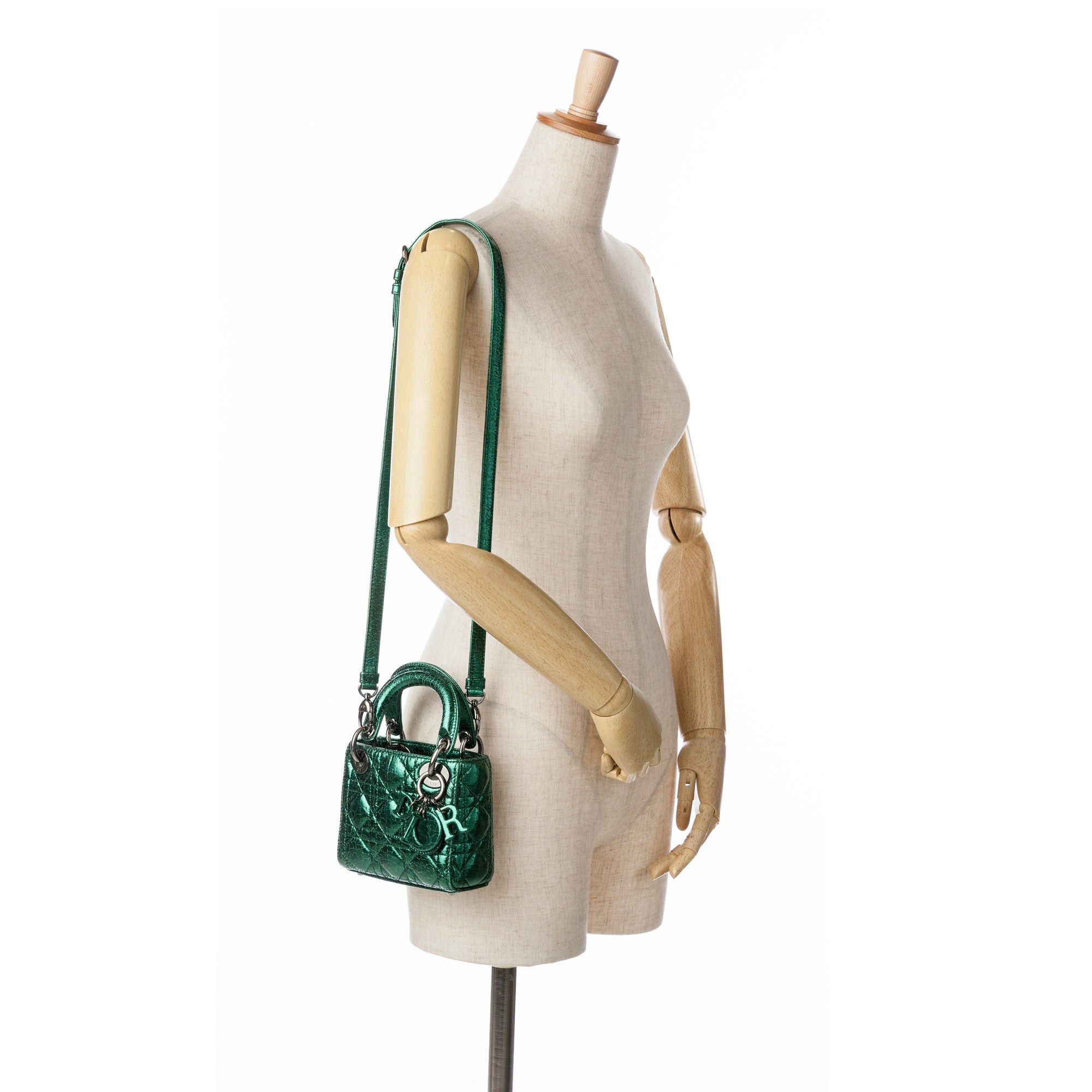 Dior Dior Micro Metallic Crinkled Calfskin Cannage Lady Dior Green Size ONE SIZE - 10 Thumbnail