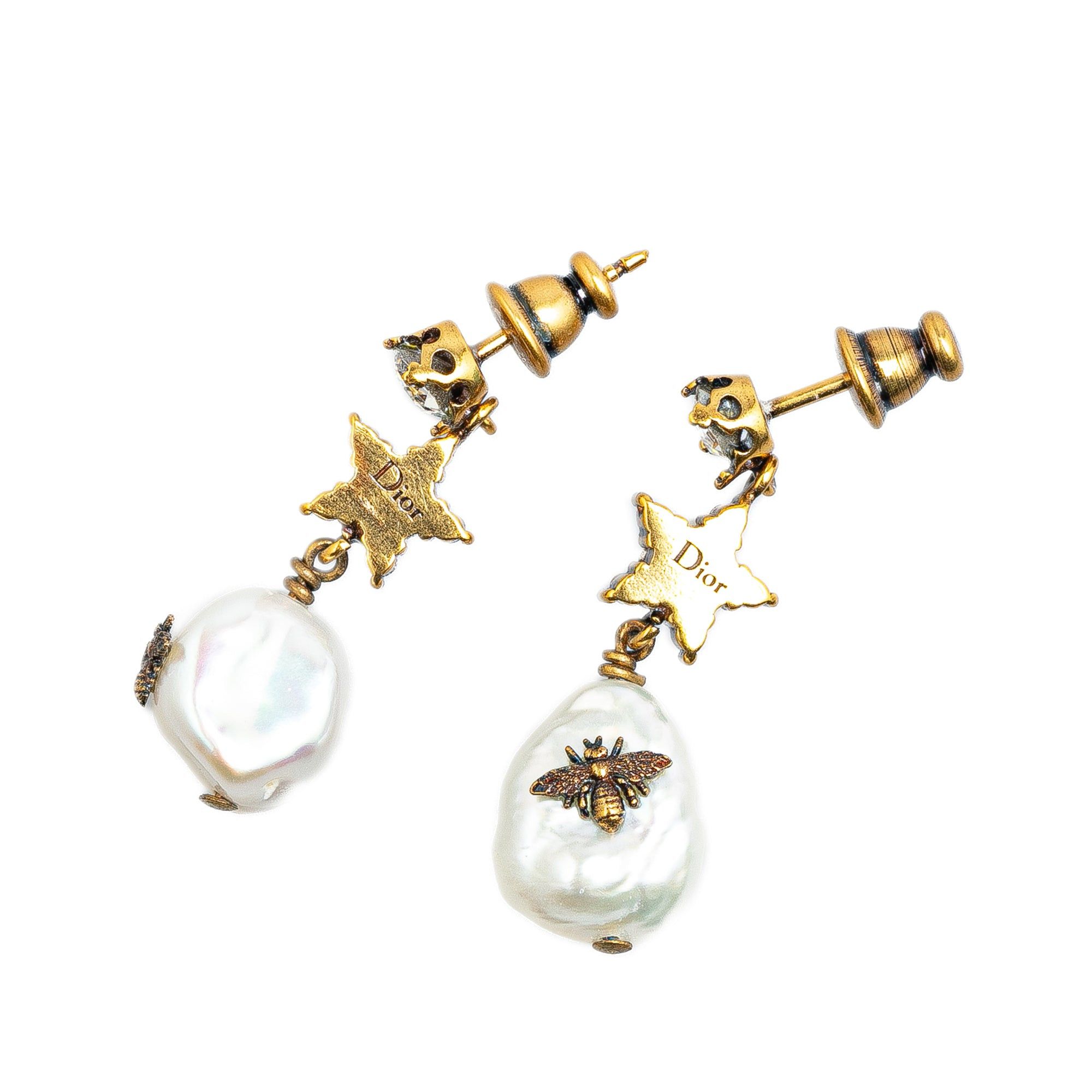 Dior Dior Gold Plated Crystal Star Bee Faux Pearl Drop Earrings Gold Size ONE SIZE - 2 Thumbnail