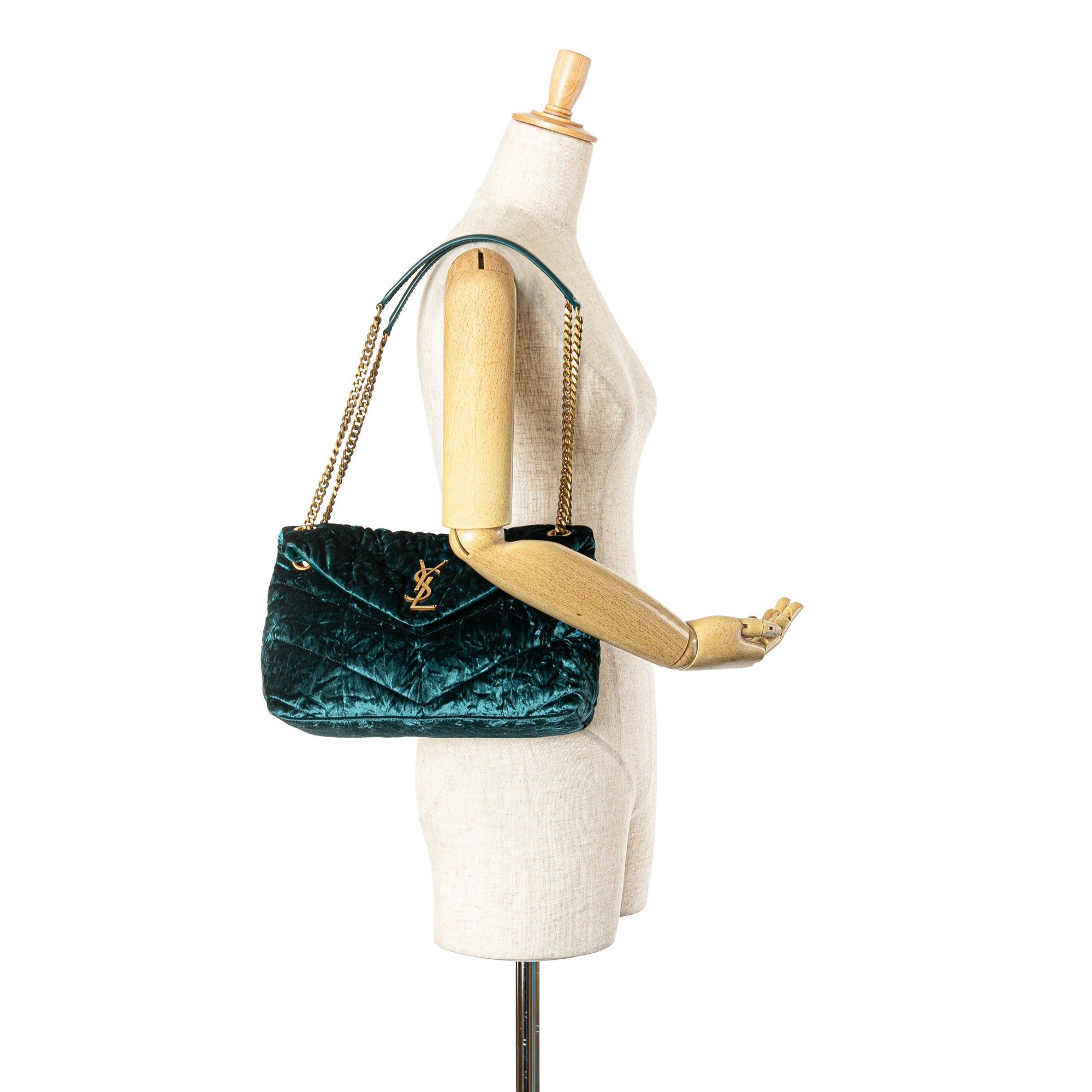 Saint Laurent Paris Saint Laurent Small Crushed Velvet Monogram Loulou Puffer Shoulder Bag Blue Size ONE SIZE - 7 Thumbnail