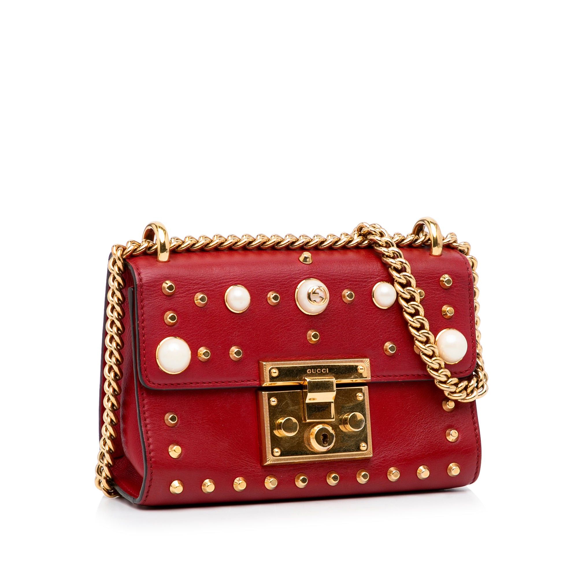 Gucci Gucci Small Leather Pearl Studded Padlock Crossbody Bag Red Size ONE SIZE - 2 Thumbnail