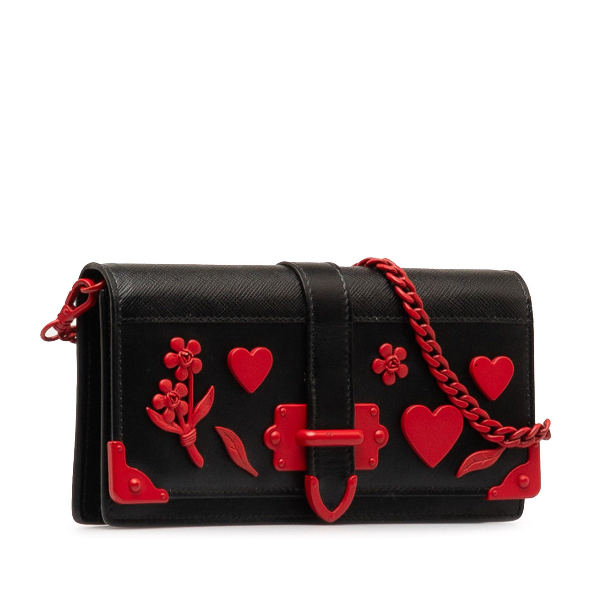 Prada Saffiano City Calf Cahier Heart and Flower Wallet on Chain Black