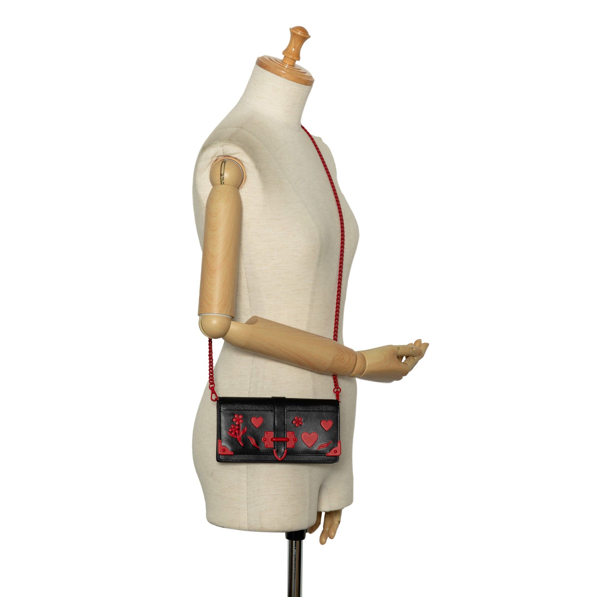 Prada Prada Saffiano City Calf Cahier Heart and Flower Wallet on Chain Black Size ONE SIZE - 16 Thumbnail