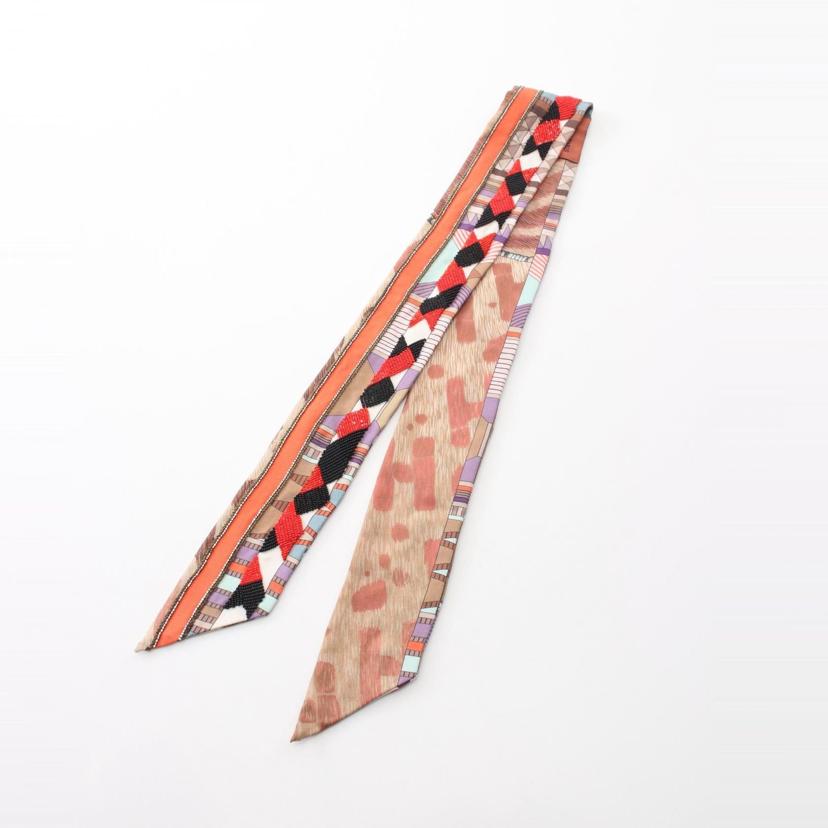 Hermes Hermes Twilly Precio Ribbon Scarf Silk Light Brown Multicolor Beads Size ONE SIZE - 4 Thumbnail
