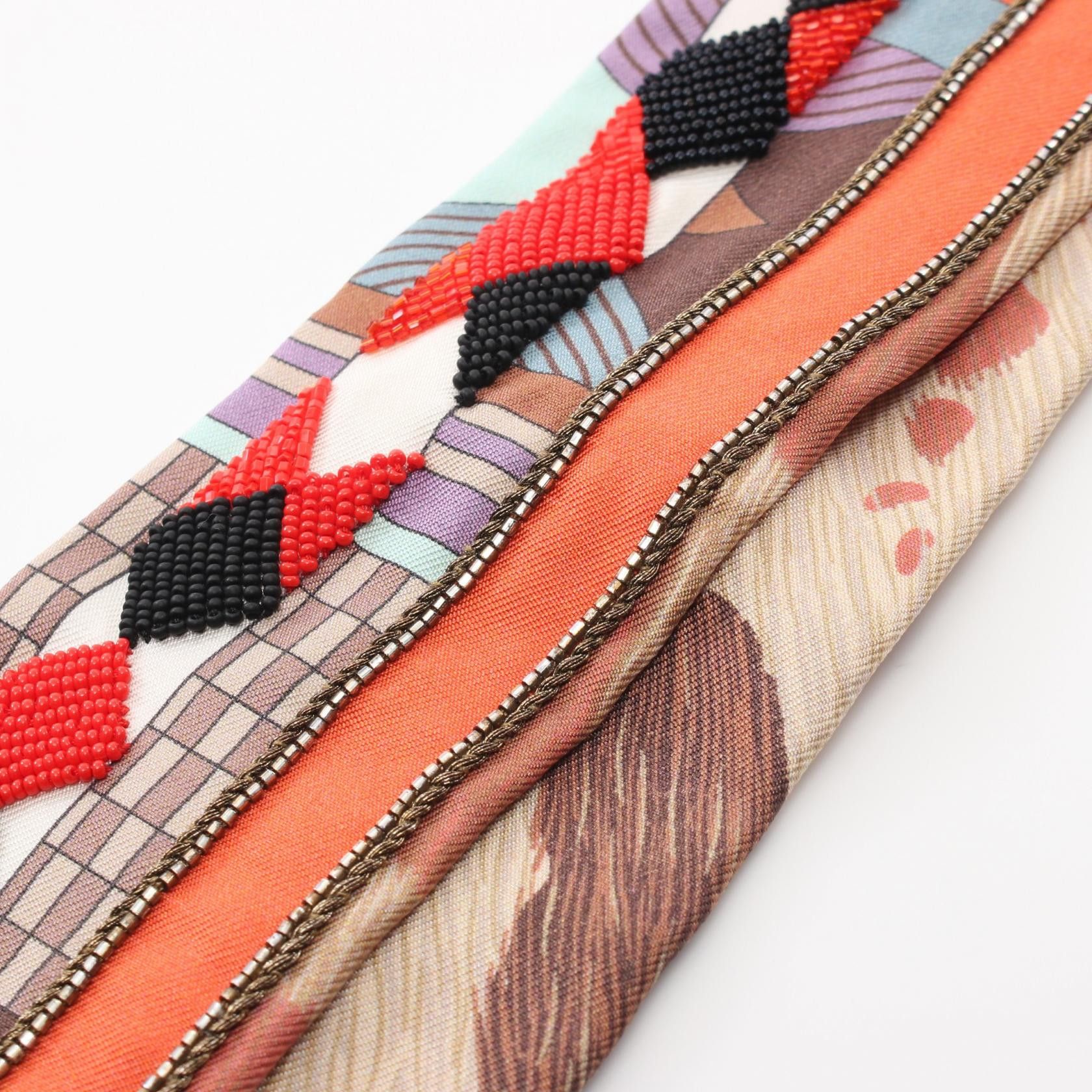 Hermes Hermes Twilly Precio Ribbon Scarf Silk Light Brown Multicolor Beads Size ONE SIZE - 6 Thumbnail